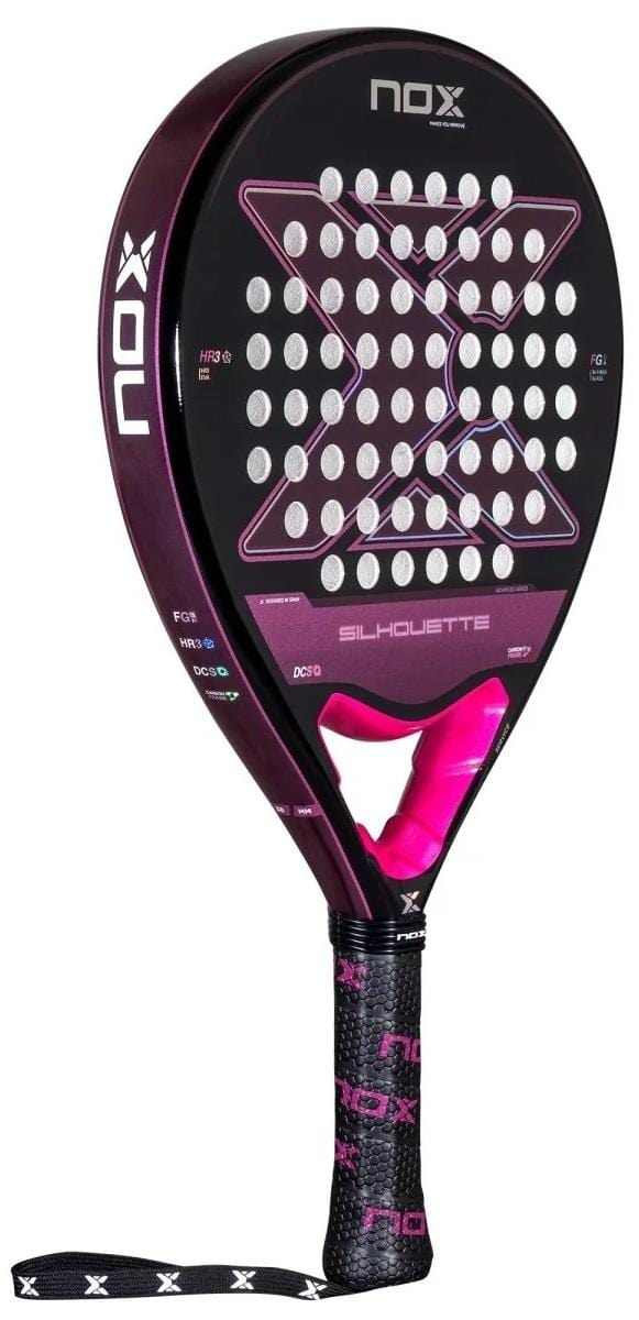 The NOX X-One Silhouette Advance Series Padel Racket in black and pink features a Fibre Glass 3K perforated face, HR3 core, textured grip with pink tape, and displays the NOX brand name and logo on the frame and handle.