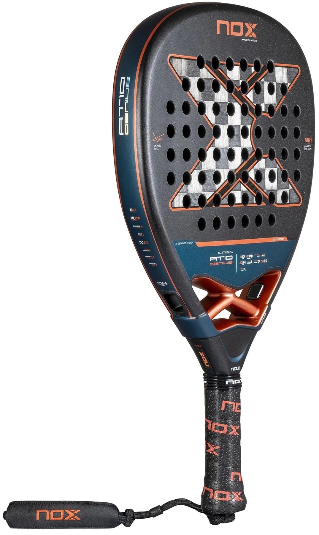 The NOX AT10 Luxury Genius Attack 18K Alum By Agustin Tapia 2025 Padel Racket features a striking black and orange “X” design, perforated face, textured grip handle, and an attached wrist strap.