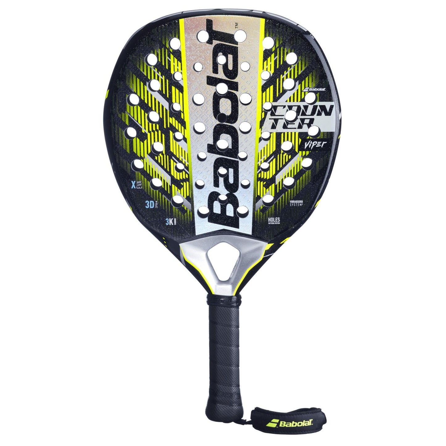 The Babolat Counter Viper 2.5 padel racket showcases a sleek black and yellow design with the brand prominently on the face. Featuring X-EVA technology for precision and tolerance, its black grip has a wrist strap labeled "Babolat" for secure play.