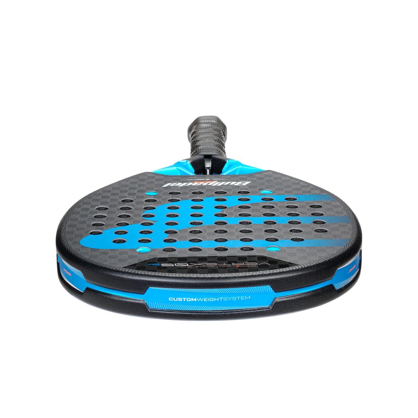 A close-up of the Bullpadel Vertex 05 Hybrid 2026 Padel Racket in black and blue, featuring a hybrid shape, textured surface with circular holes, and an upright handle displaying "CUSTOM WEIGHT SYSTEM.