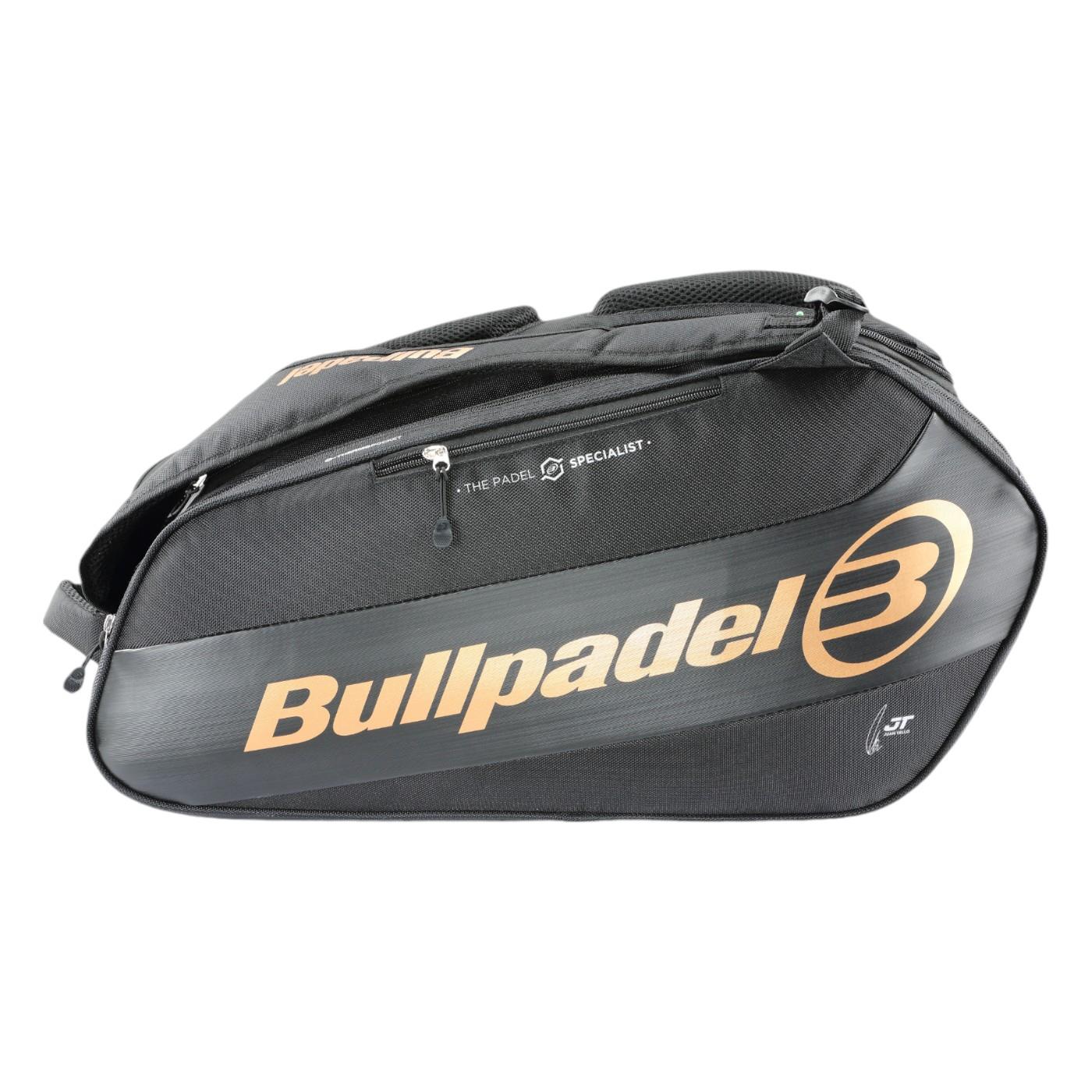 The Bullpadel Vertex 25 Padel Racket Bag in black features large gold "Bullpadel" branding and includes a zippered, ventilated gear compartment with a comfy shoulder strap, perfect for stylishly carrying your Vertex Padel Racket.