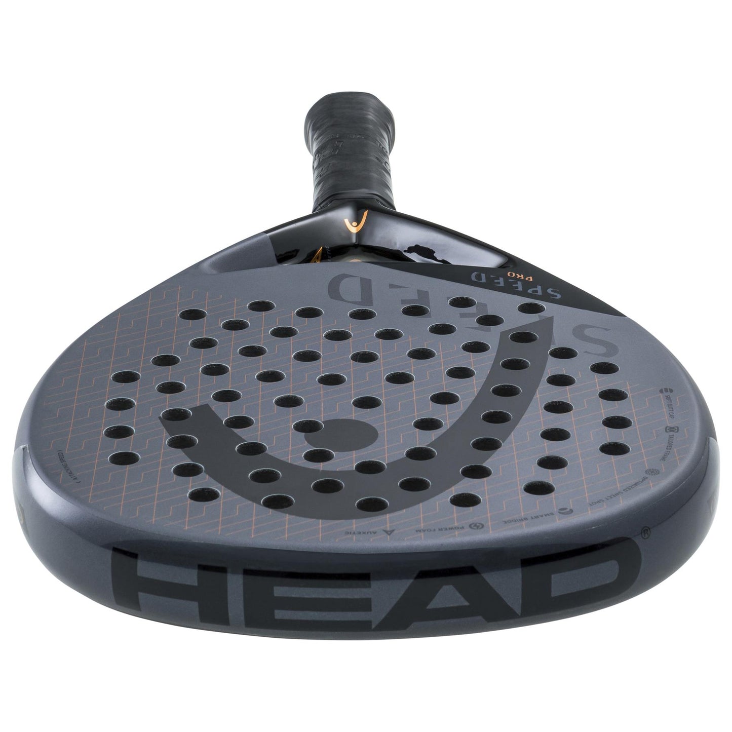 Close-up of the HEAD Speed Pro 2023 Padel Racket in black, perfect for advanced players. It features a unique pattern of circular holes and a stylized "S" design on the surface, complemented by cutting-edge Auxetic technology. The brand name "HEAD" is prominently displayed at the bottom.