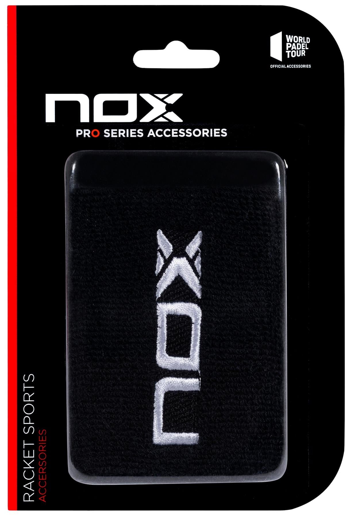 The NOX Padel Wristband - Black / White features a white embroidered logo and Balance Fresh tech for wrist protection. Packaged on black and red "NOX Pro Series Accessories" backing, labeled as World Padel Tour Official Accessories.