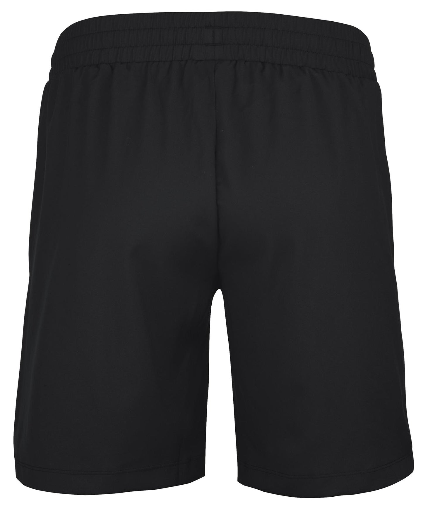 Viewed from the back, the Babolat Play Men's Padel Shorts in black feature an elastic waistband. Crafted from recycled polyester fabric, these shorts provide a smooth and lightweight feel, with 360 Motion technology for optimal flexibility, making them ideal for both sports and casual wear.