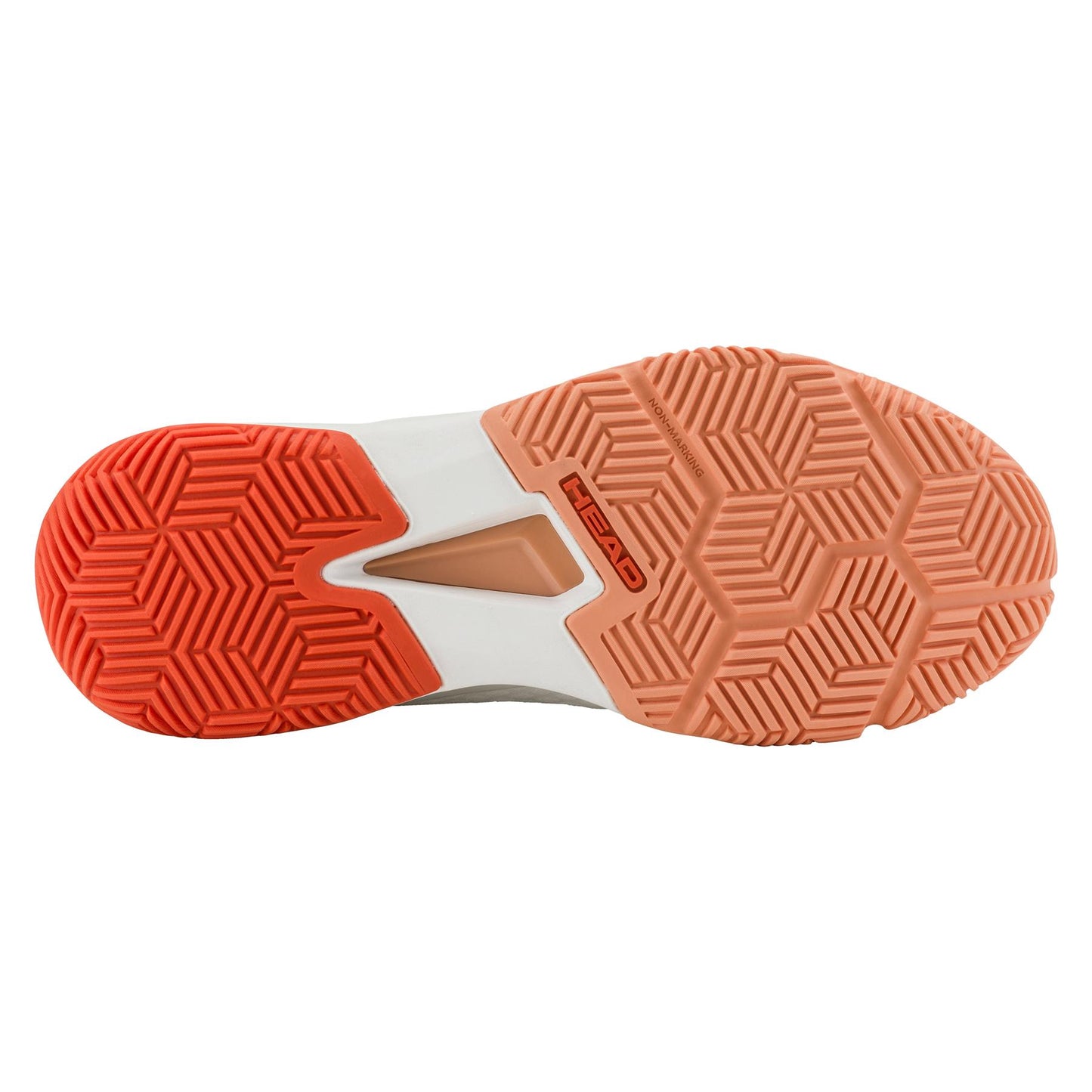 The image displays the sole of the HEAD Motion Team Women's Padel Shoes in White/Coral, featuring a geometric tread for multi-directional grip. The vibrant orange and muted peach hues complement the "HEAD" logo, ensuring stability and comfort with every step.