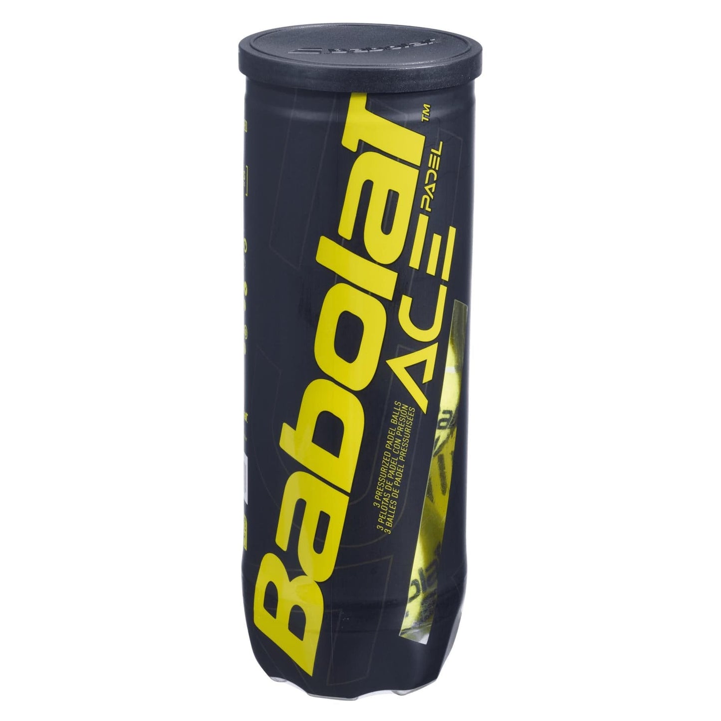 A cylindrical container with the text "Babolat Ace Padel X3" in yellow decorates a dark background, ideal for competitive padel players wanting Babolat’s acclaimed Padel Balls.