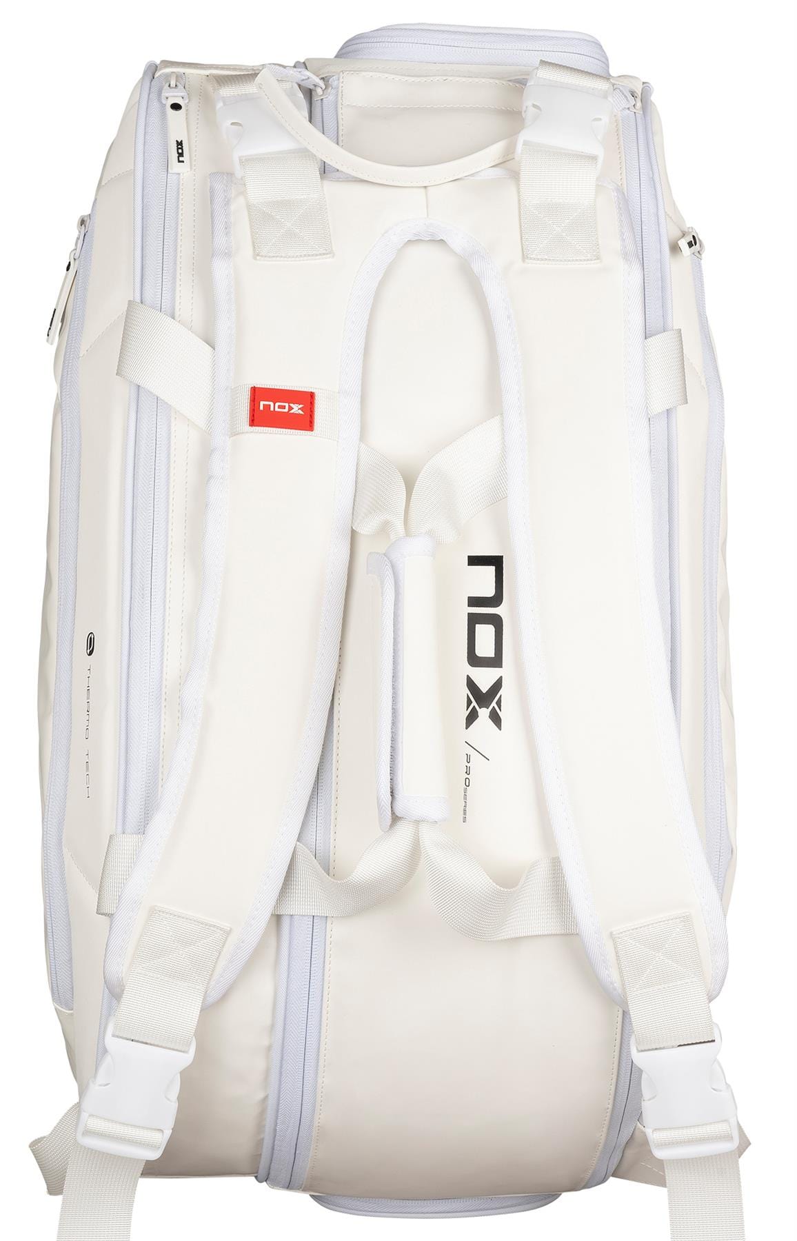 The NOX Pro Series Padel Racket Bag - White features padded shoulder straps and black NOX branding. Shown from the back, it highlights the straps, handle, and several zippered compartments for organized storage.