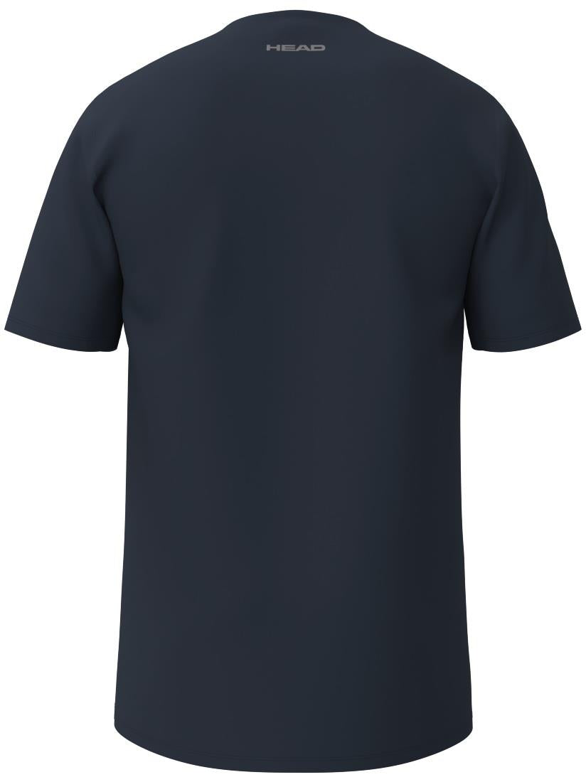 The image shows the HEAD Simple Mens Padel T-Shirt in navy with short sleeves, featuring a small branded logo near the neckline on the back. Made from polyester interlock, it provides comfort and style.