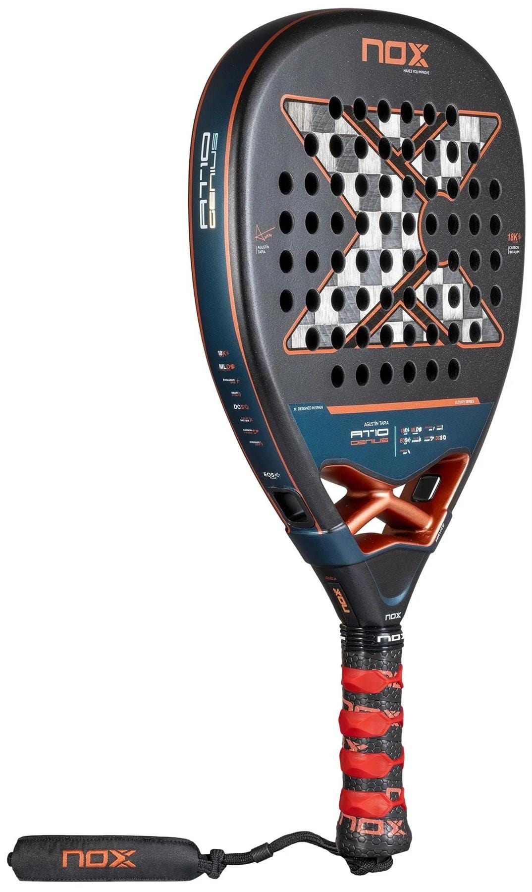 The NOX AT10 Luxury Genius Attack 18K Alum By Agustin Tapia 2025 Padel Racket features a stylish black and red design, patterned perforated surface, and padded grip with red tape.