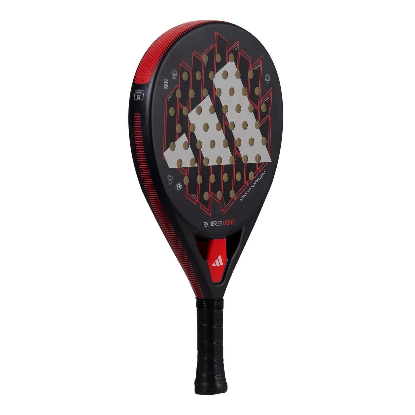 The ADIDAS RX Series Light Padel Racket - Black by adidas showcases a sophisticated black and red aesthetic, highlighted by a geometric design on the face. It is expertly constructed with fiberglass, while the handle features black tape for enhanced comfort and performance.