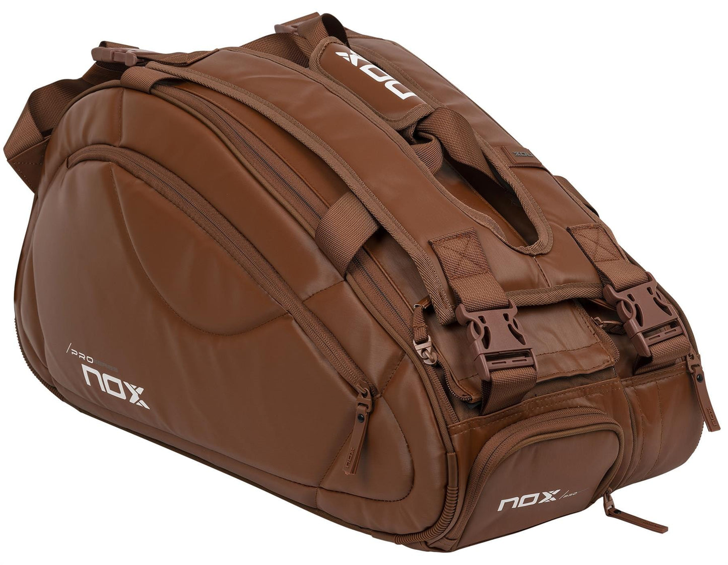 A large NOX Pro Series Padel Racket Bag - Camel with 45L capacity, multiple compartments, zippers, and adjustable shoulder straps by NOX is shown on a white background.