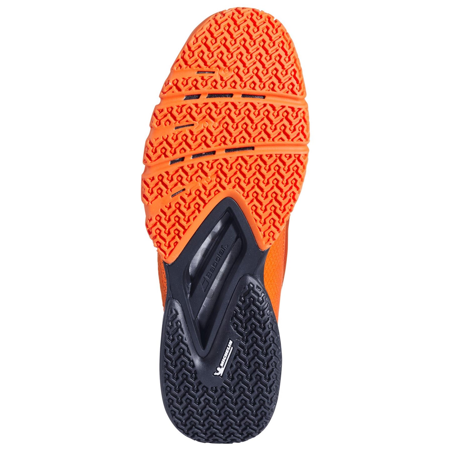 The image features the sole of Babolat Jet Premura 2 Padel Shoes, with vibrant orange textured treads on the front and a black heel pattern. "Vibram" and "midsole" emphasize grip and cushioning, while Matryx technology boosts durability for intense padel matches.