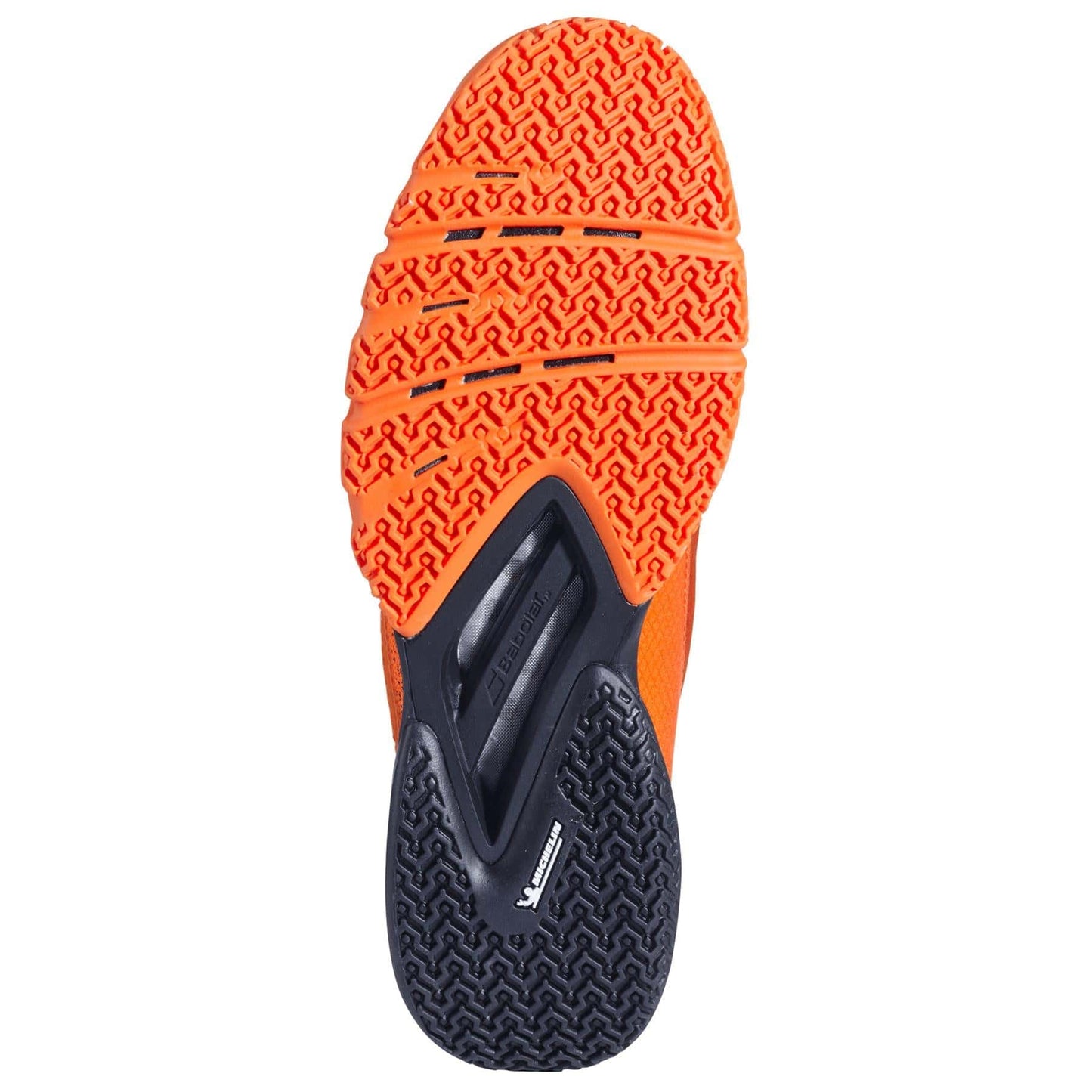 The image features the sole of Babolat Jet Premura 2 Padel Shoes, with vibrant orange textured treads on the front and a black heel pattern. "Vibram" and "midsole" emphasize grip and cushioning, while Matryx technology boosts durability for intense padel matches.