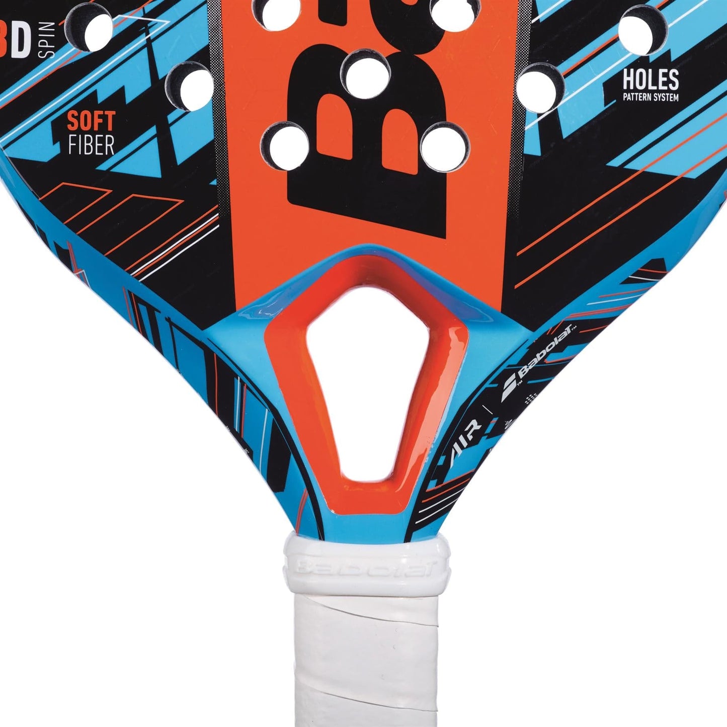Close-up of the vibrant Babolat Air Vertuo Padel Racket in blue and black, sporting a geometric design with accents of orange. It features "Soft Fiber" technology and the "Holes Pattern System" for effortless power and improved vibration absorption, while the handle is wrapped in white tape.