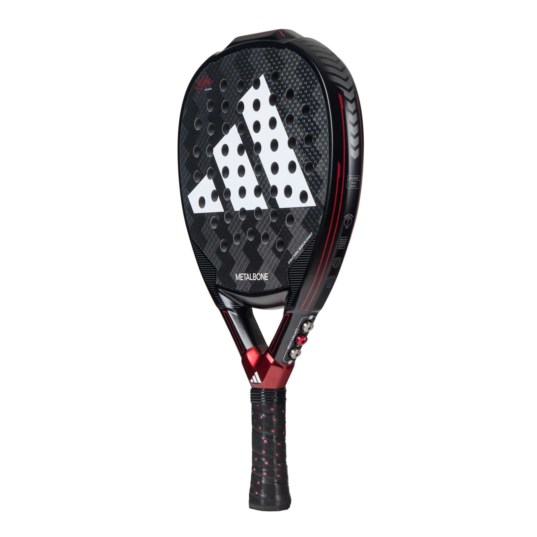 The ADIDAS Metalbone 3.3 Padel Racket - Black / Red, created by adidas for advanced players, features a bold black and red design with a distinctive honeycomb pattern. A prominent white logo commands the center of the paddle, while the handle is wrapped in black with red dots to provide improved grip and increased power on every swing.