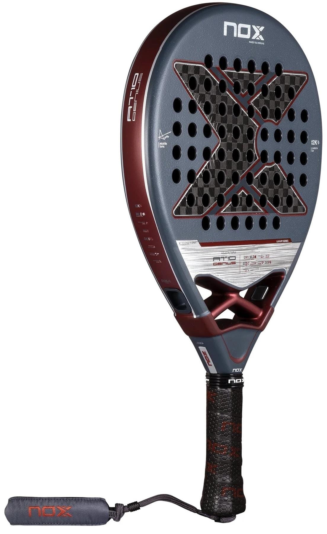 The NOX AT10 Luxury Genius 12K By Agustin Tapia 2025 Padel Racket features a maroon and gray design, black grip, large black "X," 12K carbon fibre frame, round holes, and a branded wrist strap.