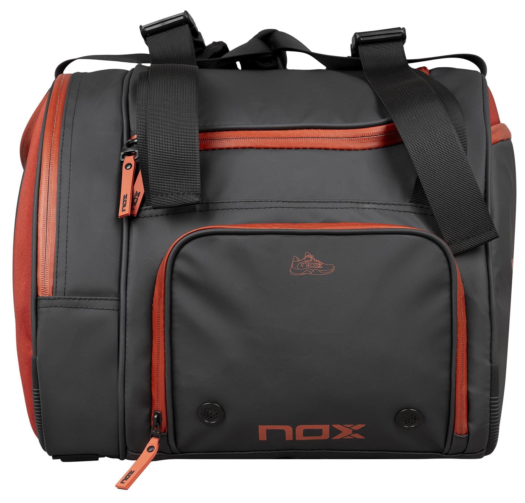 The NOX Luxury Open Series Padel Racket Bag in black and red features multiple zippered compartments, durable black straps, a shoe icon on the front pocket, "NOX" in red on the front, and advanced NOX ThermoTech technology.