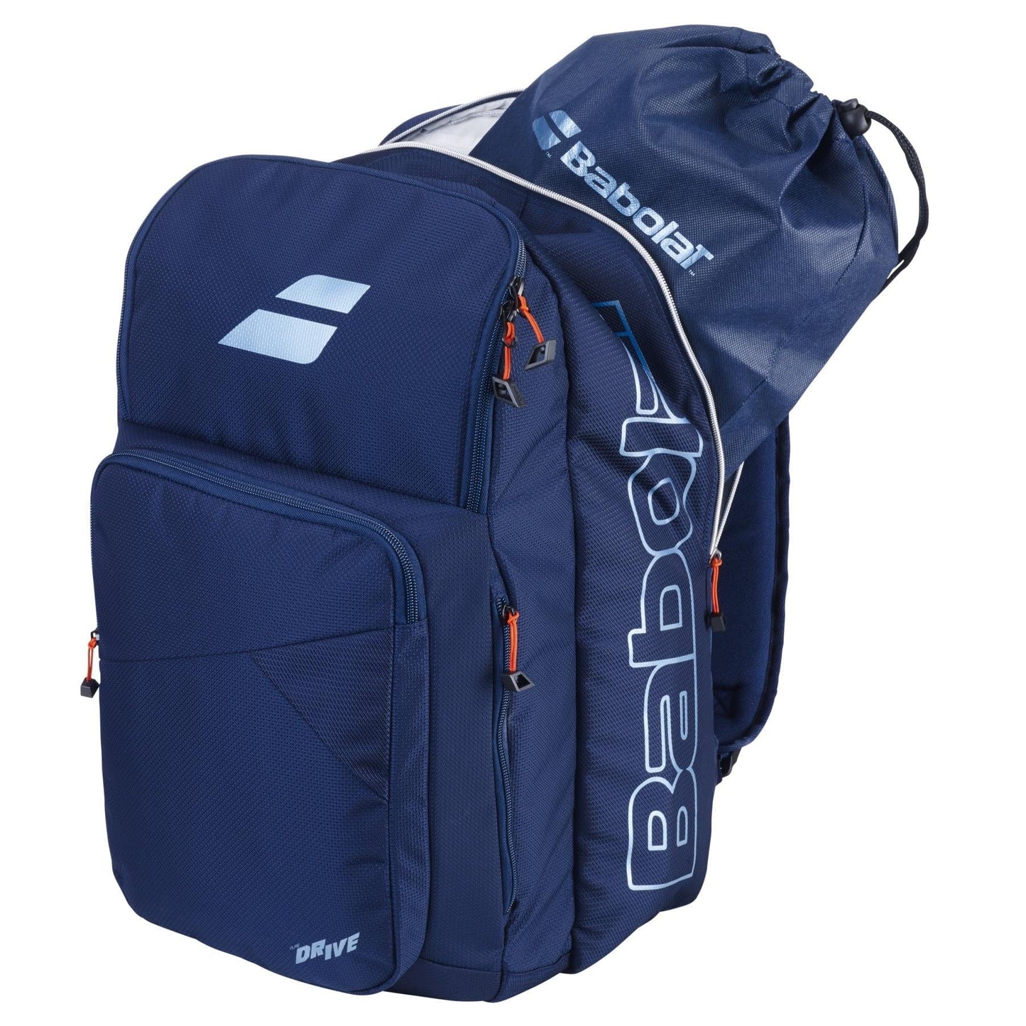 The Babolat Pure Drive Padel Backpack features durable recycled materials, multiple compartments, zippered pockets, and the iconic Babolat logo in blue. It comes with a matching drawstring bag that showcases the same stylish branding.