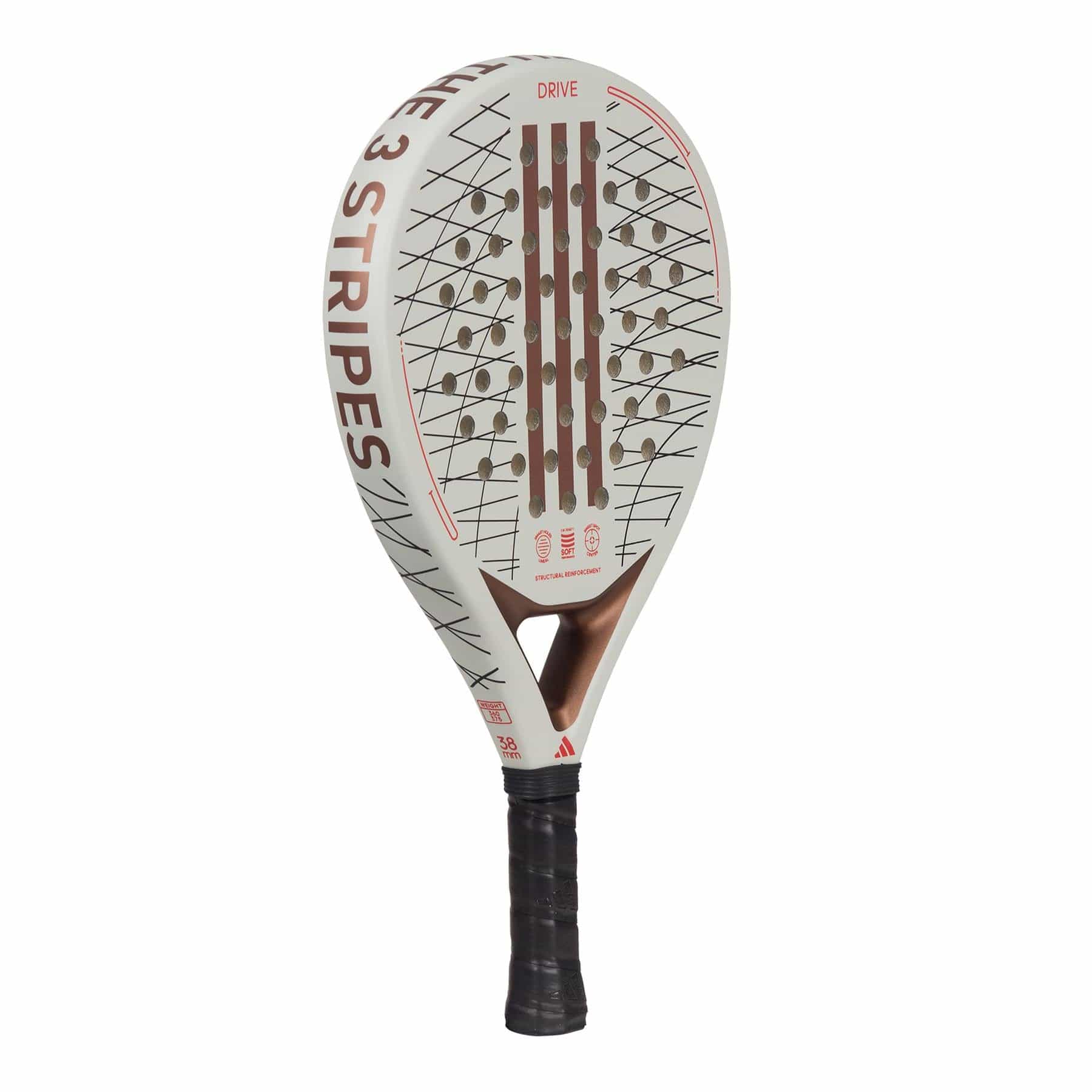 The ADIDAS Drive 3.3 Padel Racket - Vintage features a stylish white and copper design adorned with "THE 3 STRIPES" text along the side. Its perforated surface and black handle deliver excellent control and comfort, ensuring it's ideal for beginners.