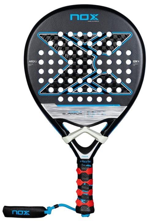 The NOX Luxury Quantum 12K Cobalt 2025 Padel Racket features a black and blue design with white accents, an X-shaped perforated surface, 12K carbon fibre construction, white bridge, red and black grip, and blue wrist strap.