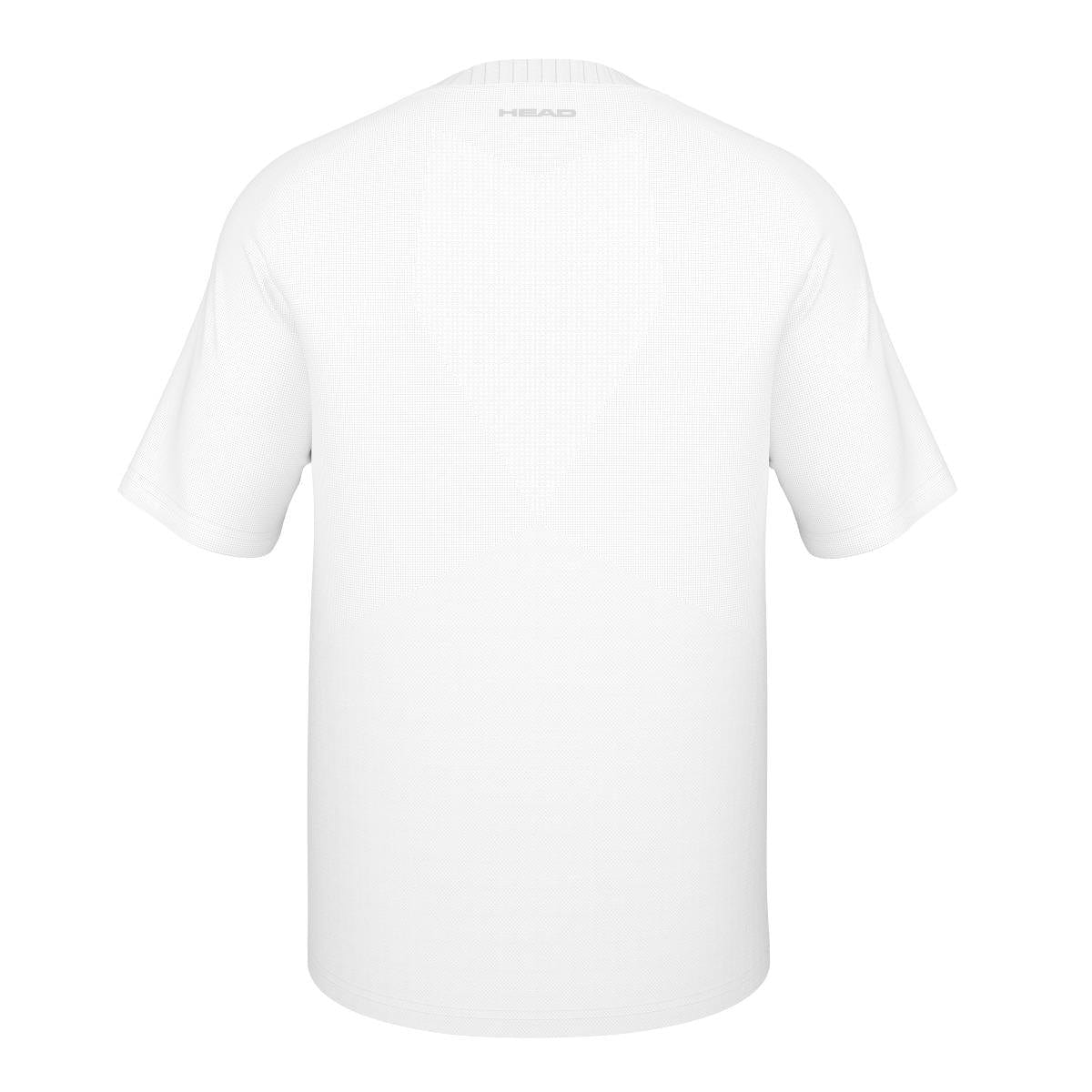 The HEAD Performance Men's Padel T-Shirt in white showcases a minimalist design with a subtle logo located on the upper back. It incorporates Moisture Transfer Microfibre technology and is presented against a white background, emphasizing its simple and clean aesthetic.