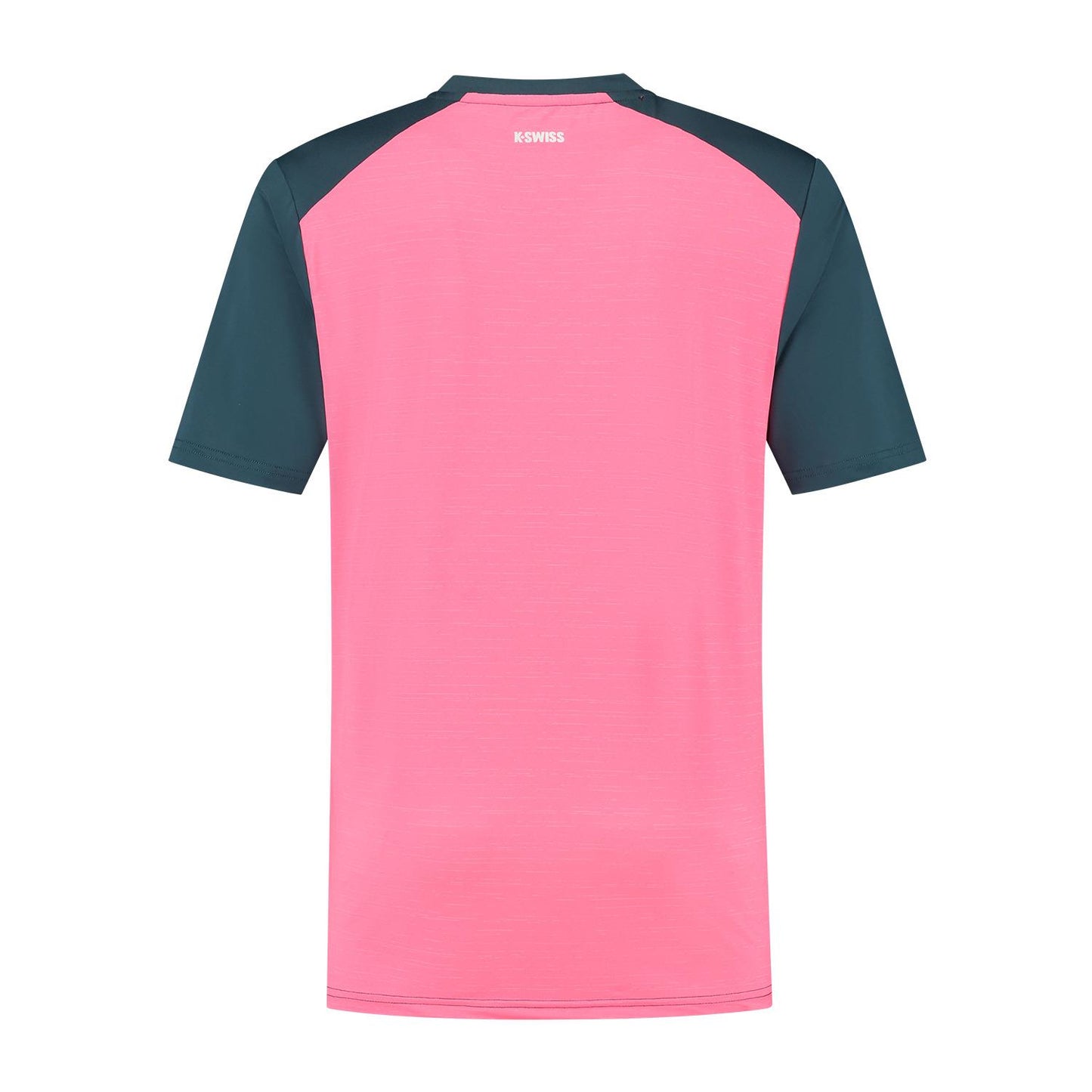 The K-Swiss Hypercourt Mix Melange Men's Padel T-Shirt in Stargazer/Pink combines style and function with its pink body, dark green sleeves, and "K-SWISS" in white near the collar. Perfect for any men's padel enthusiast seeking enhanced performance aesthetics.