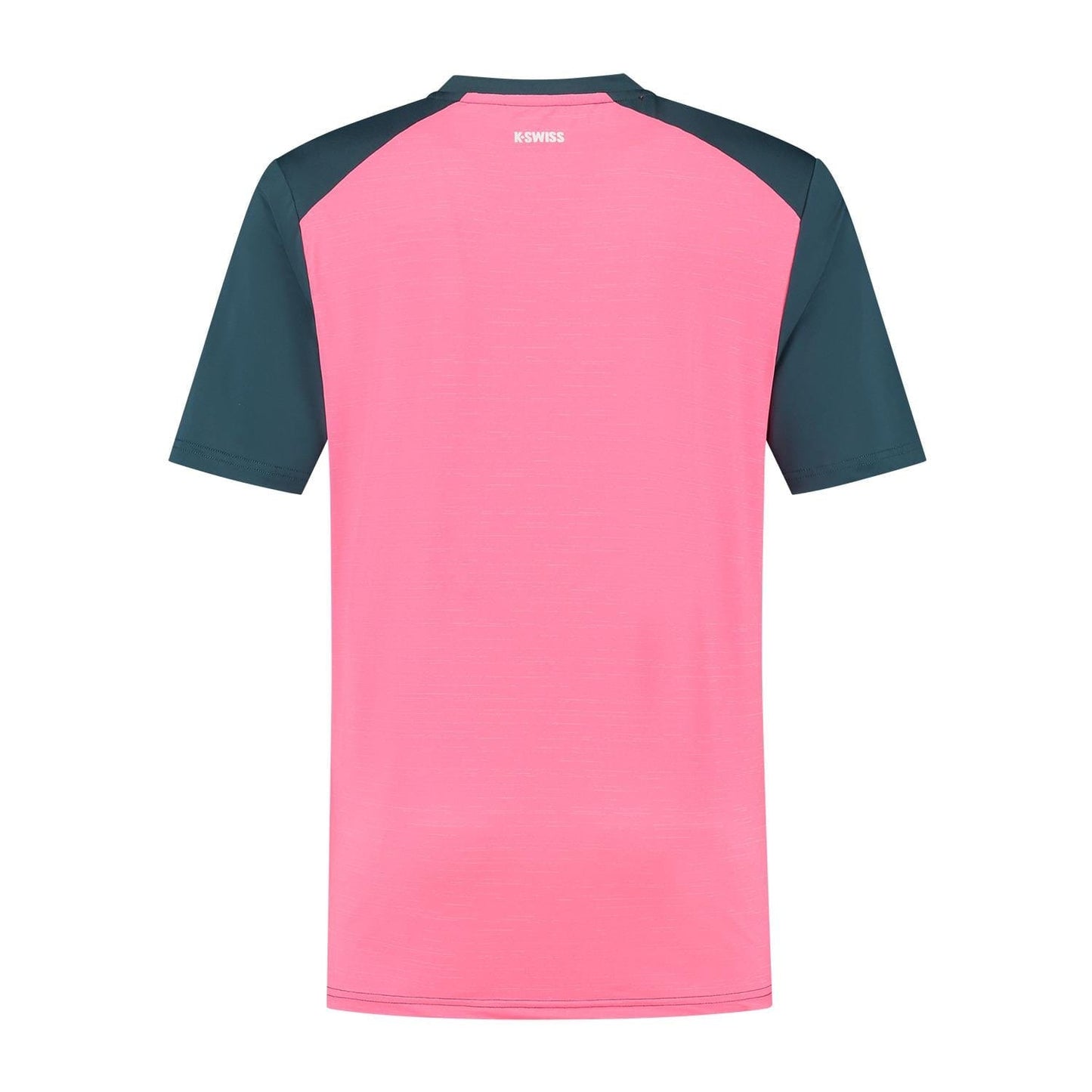 The K-Swiss Hypercourt Mix Melange Men's Padel T-Shirt in Stargazer/Pink combines style and function with its pink body, dark green sleeves, and "K-SWISS" in white near the collar. Perfect for any men's padel enthusiast seeking enhanced performance aesthetics.