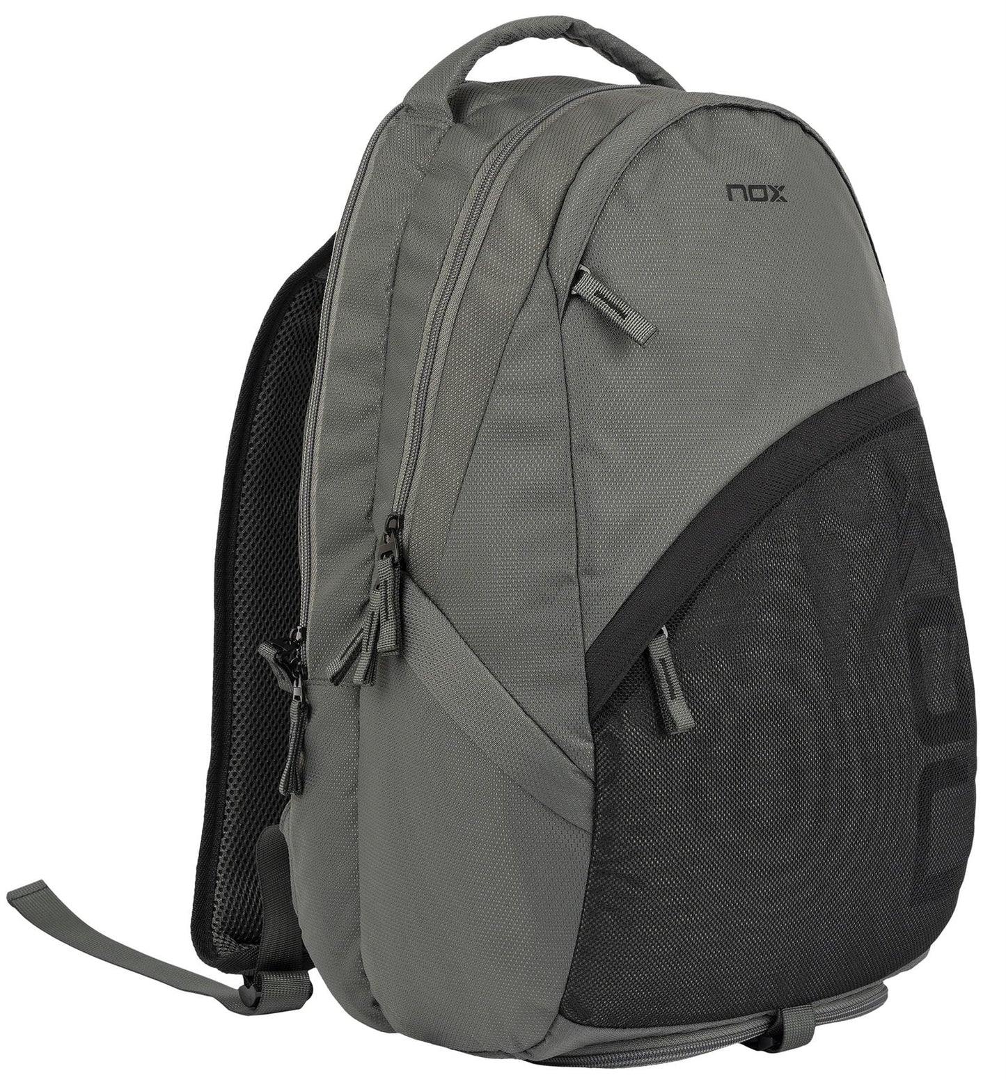 The NOX Street Series Padel Backpack - Grey features two main zippered compartments, a black mesh front pocket, and ergonomic padded straps. Stands upright to display its sleek side and front—ideal for sports adventures. Brand: NOX.