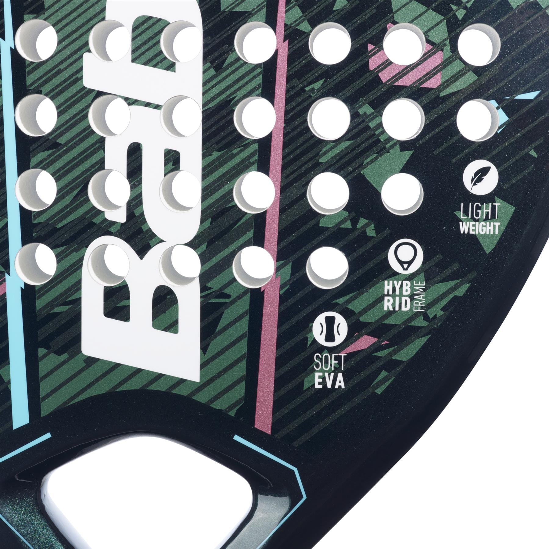 Close-up of the Babolat Reveal Padel Racket in Dark Green and Pink, highlighting its sleek design with multicolored lines. Ideal for beginner padel players, it is crafted from a carbon fiber and fiberglass composite. The racket prominently displays the Babolat brand logo along with features like "Light Weight," "Hybrid Frame," and "Soft EVA" on its surface.