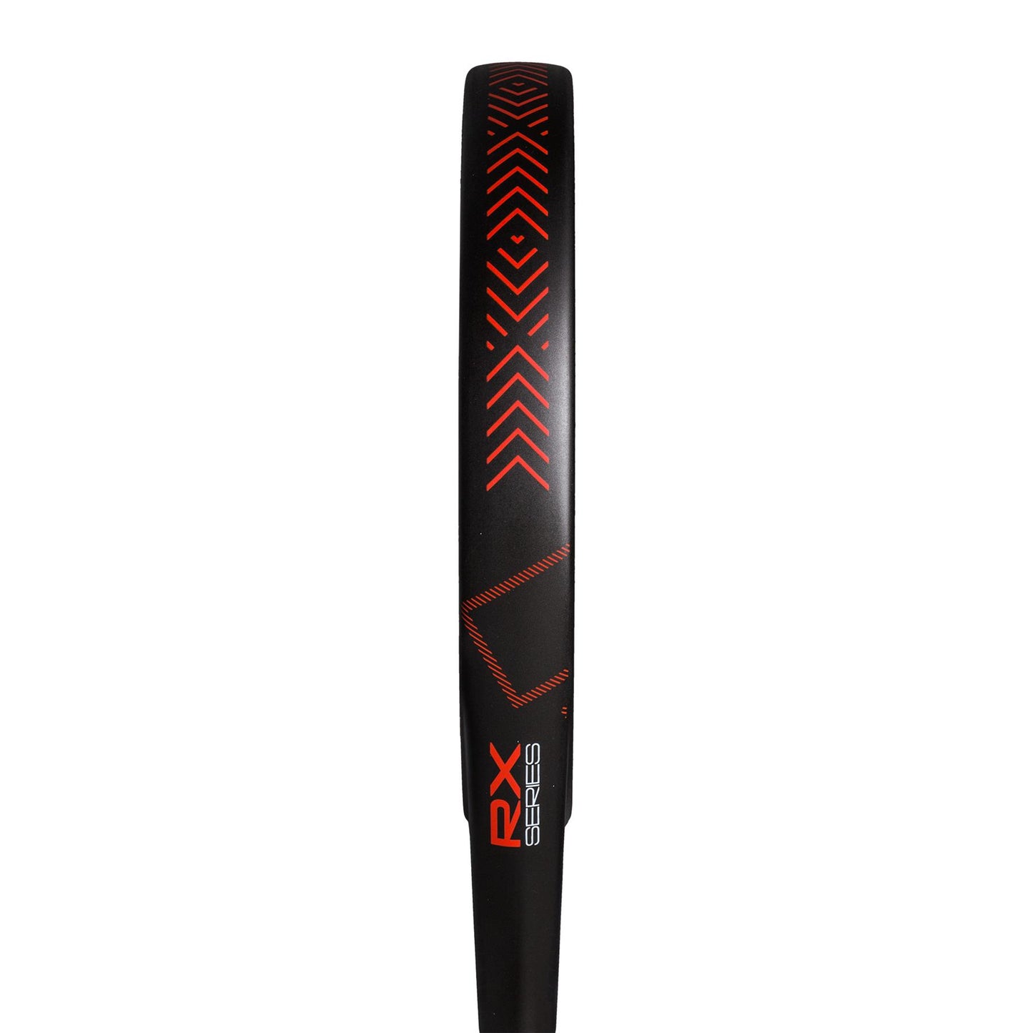 Close-up of the adidas RX Series Red 3.4 Padel Racket, featuring a black frame with red geometric patterns and "ADIDAS RX SERIES" on the side. Designed for intermediates, it boasts chevrons, lines for a sleek look, and a matte finish.