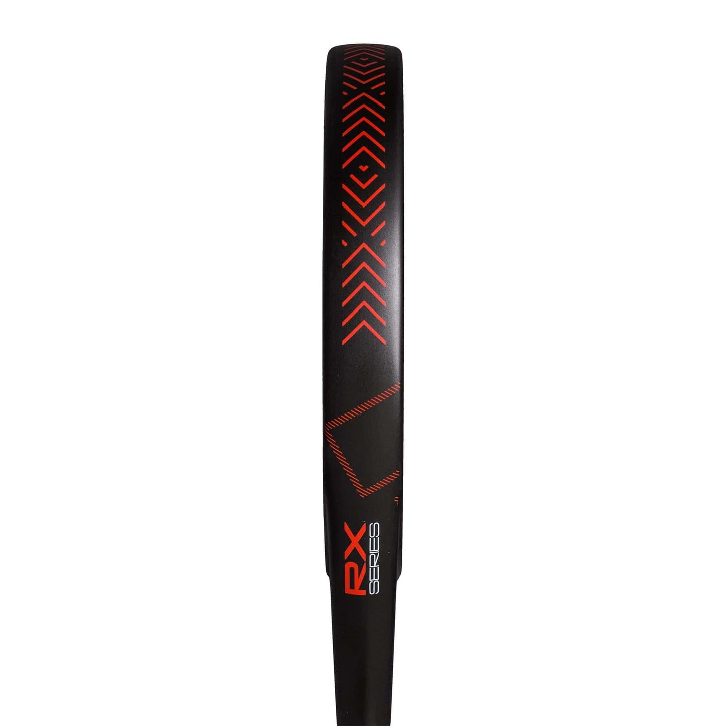 Close-up of the adidas RX Series Red 3.4 Padel Racket, featuring a black frame with red geometric patterns and "ADIDAS RX SERIES" on the side. Designed for intermediates, it boasts chevrons, lines for a sleek look, and a matte finish.