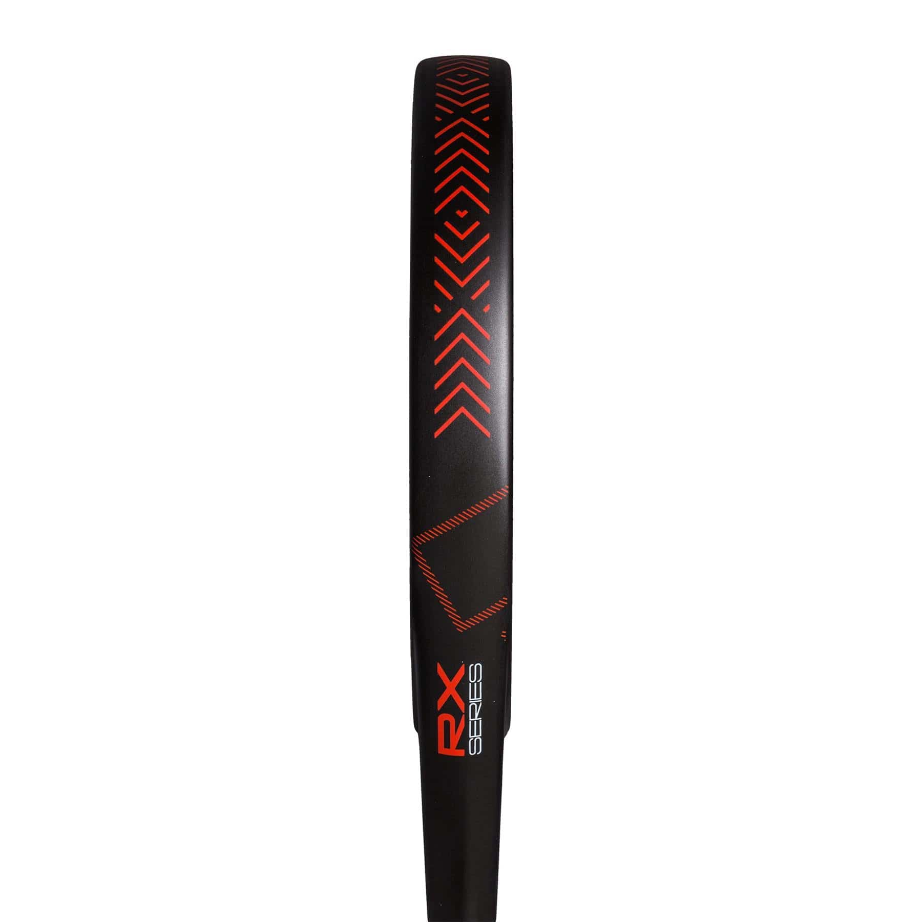 Close-up of the adidas RX Series Red 3.4 Padel Racket, featuring a black frame with red geometric patterns and "ADIDAS RX SERIES" on the side. Designed for intermediates, it boasts chevrons, lines for a sleek look, and a matte finish.