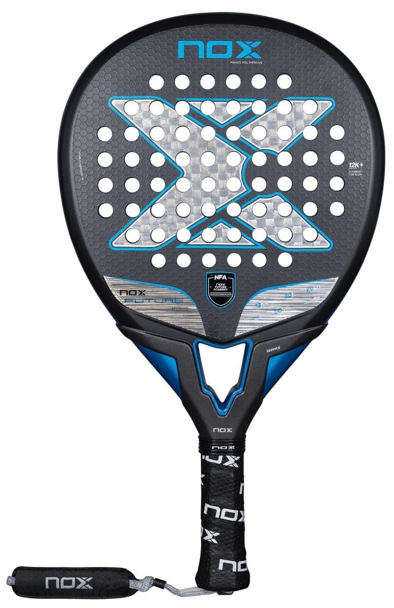 The NOX NFA Future Hybrid 12K Alum Padel Racket in black and blue features a prominent white X design, multiple round holes, and a branded NOX grip with an attached wrist strap.