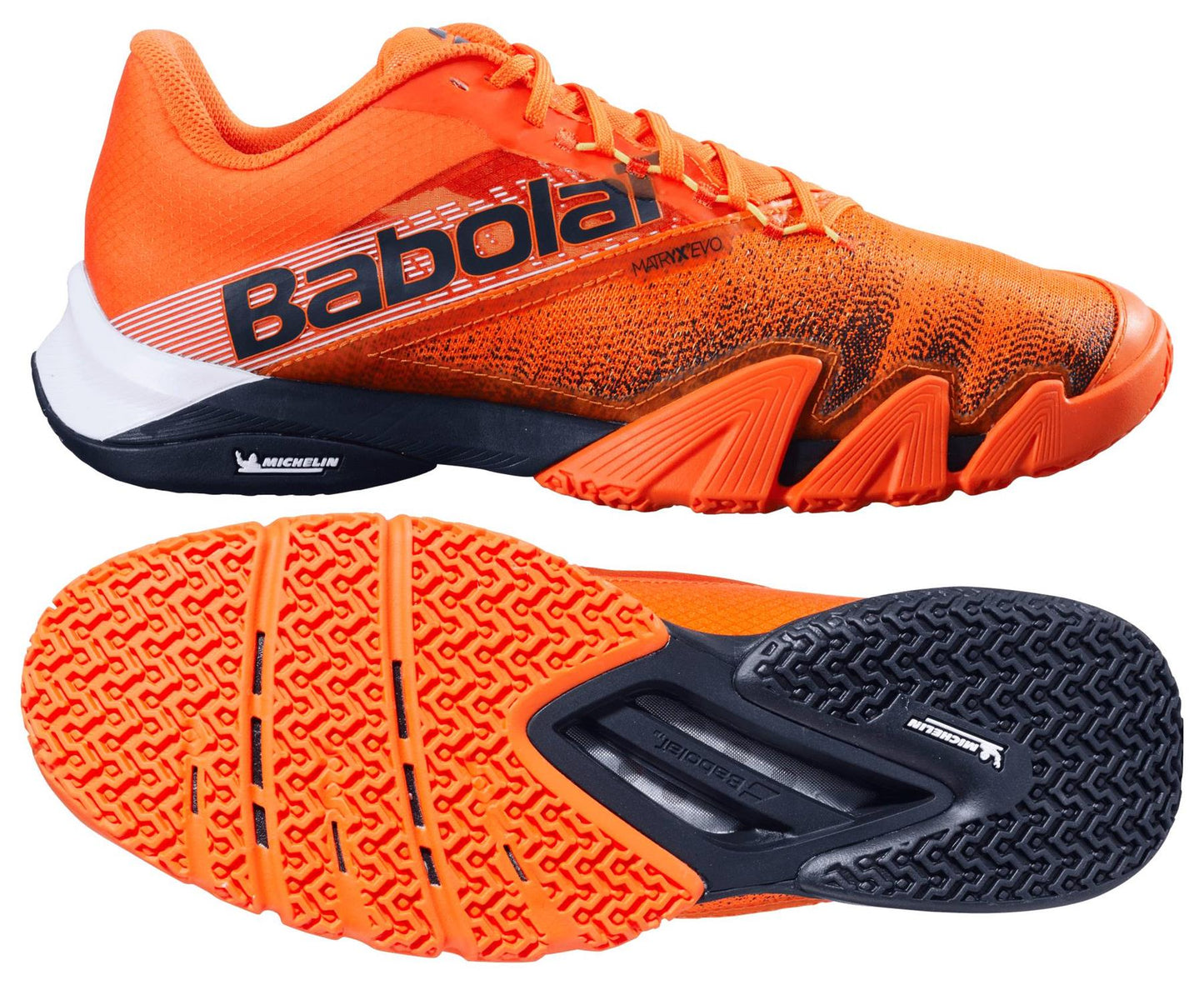 The Babolat Jet Premura 2 Men's Padel Shoes in vibrant orange feature a Michelin rubber textured sole, a contrasting white back, and a black-detailed orange upper enhanced with Matryx technology for optimal performance.