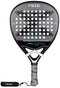 The NOX Luxury Quantum 12K Carbon 2025 Padel Racket in black/grey features a large X design, round holes, and textured grip. Made with 12K carbon fibre and EXCLUSIVE SPIN tech by NOX, it delivers durability and superior control.