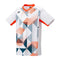 The Yonex 10576 Crew Neck Men's Padel T-Shirt in white showcases VeryCool Dry technology. It features an abstract geometric design with navy blue and orange patterns, including concentric circles and triangular shapes. Stylish orange accents highlight the collar and sleeve edges, adding a fashionable touch to the shirt.