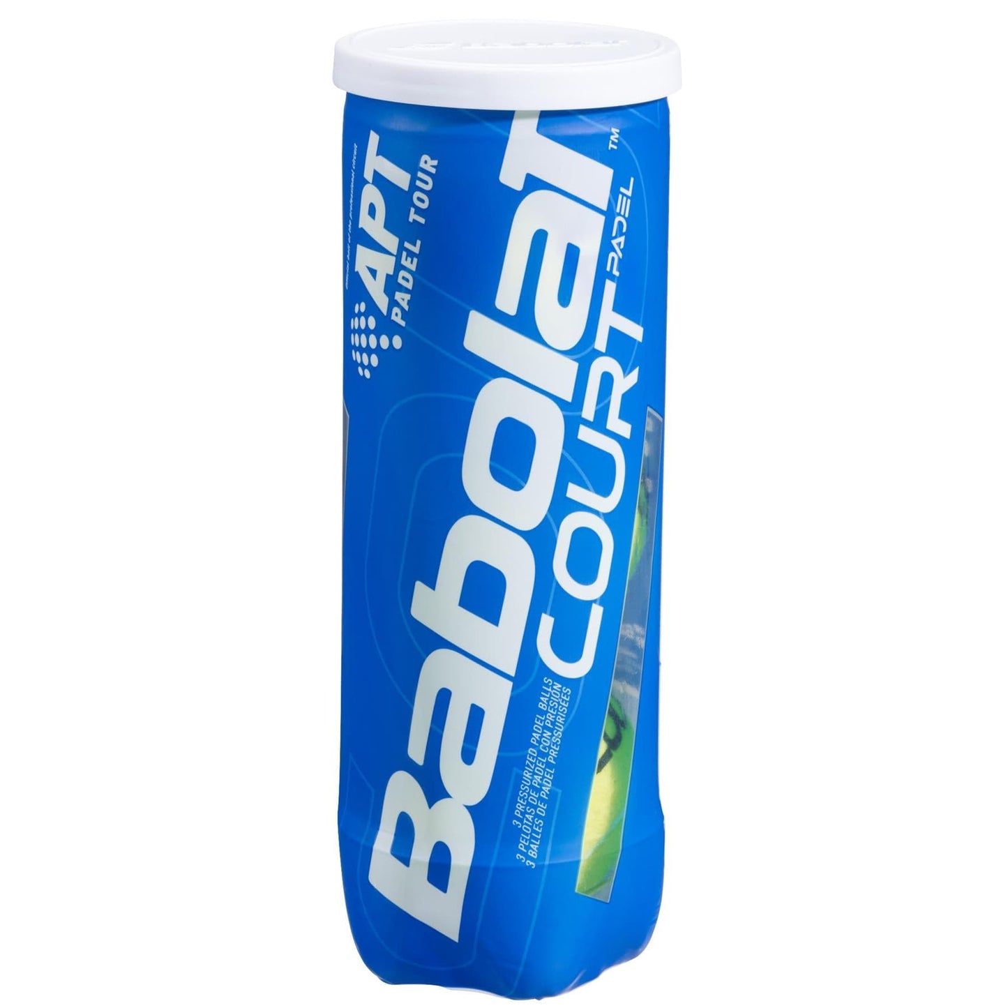 The Babolat Court X3 Padel Balls come in a blue cylindrical tube with a white cap, adorned with "APT Padel Tour" text and dynamic blue and white graphics. Designed for padel enthusiasts, this tube highlights a partnership with the International Padel Federation to offer premium-quality padel balls.