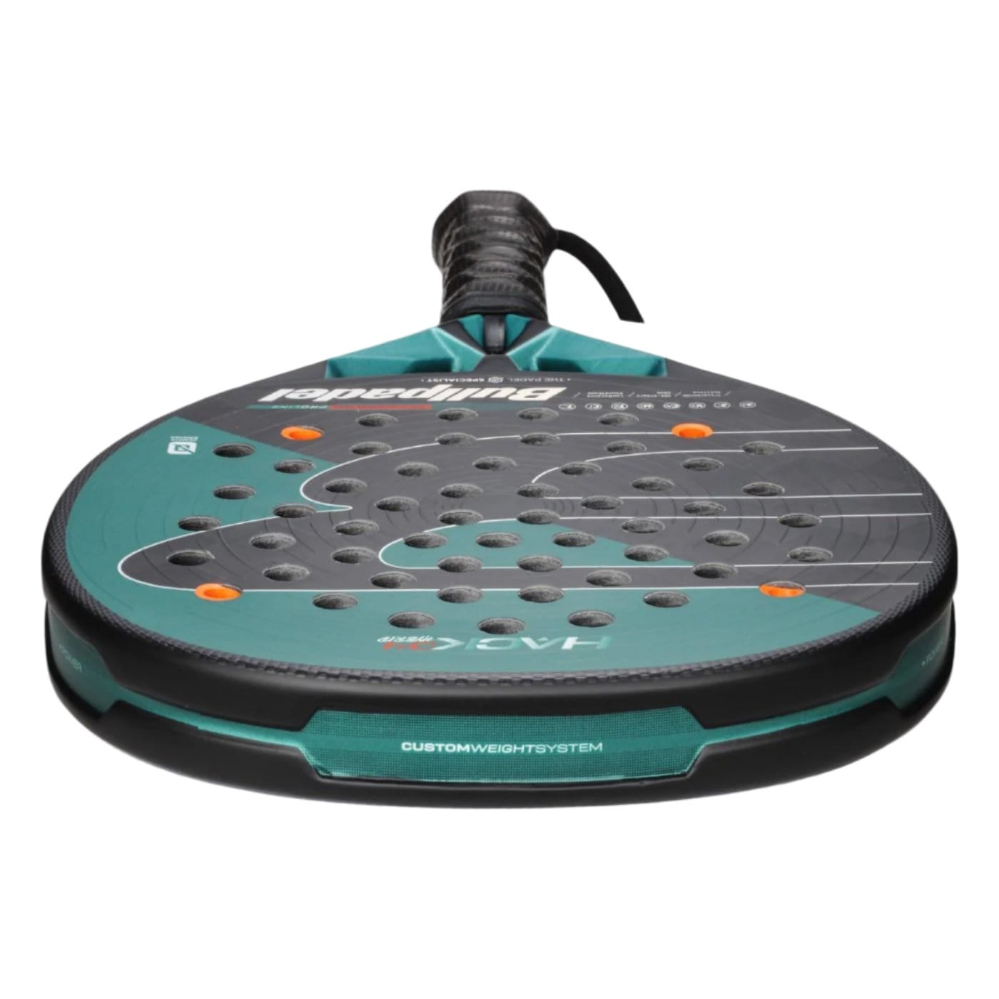 The Bullpadel Hack 04 Hybrid 2025 Padel Racket from Bullpadel features a stylish black and green design, with perforated details on the surface and orange accents. It incorporates Total Channel technology, and its handle is wrapped in black grip tape for excellent control and comfort.