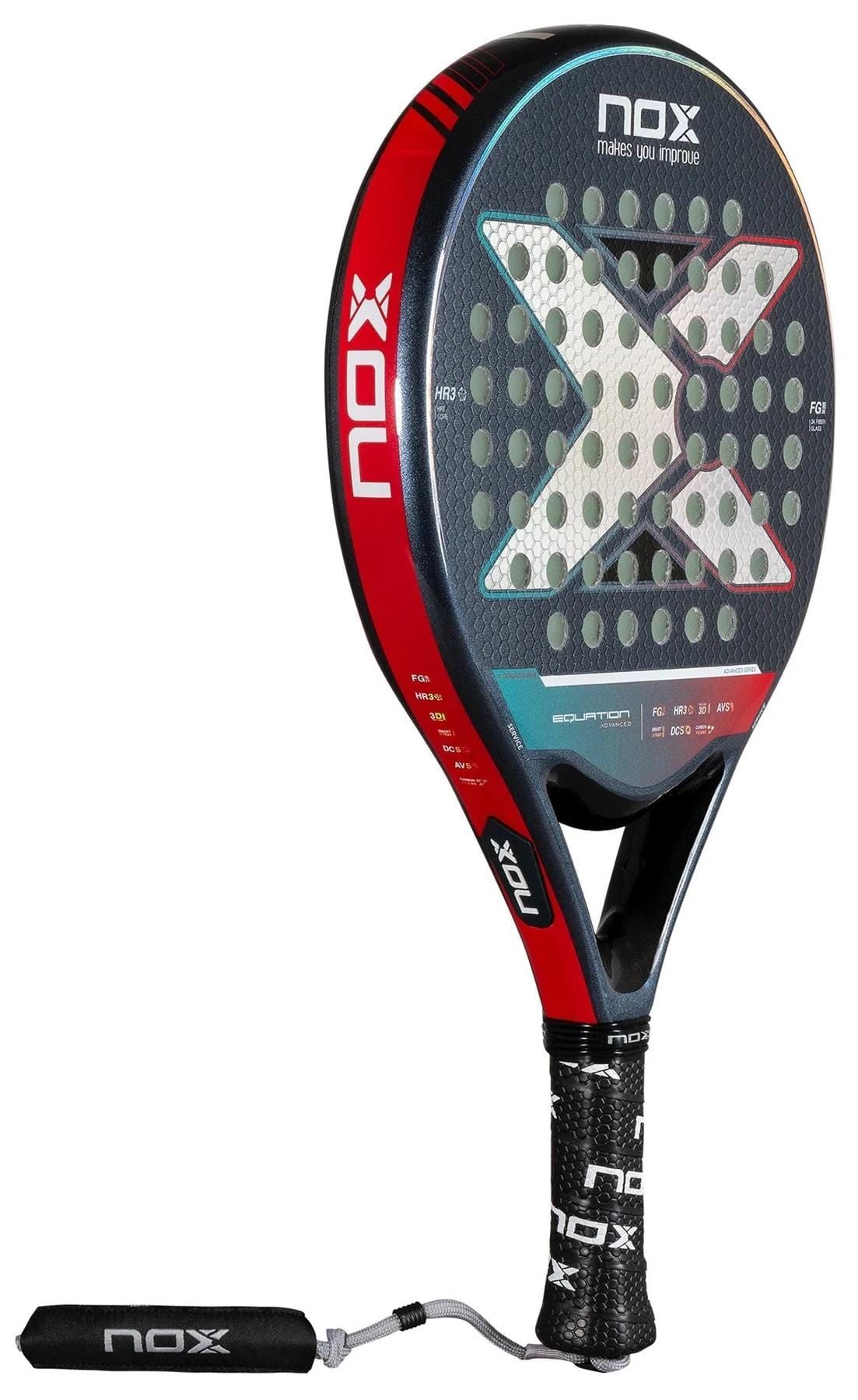 The NOX Equation Light W Advance Series Padel Racket in Blue/Red features a large X design, black frame with red and blue accents, and wrist strap—perfect for intermediate players wanting style and performance.
