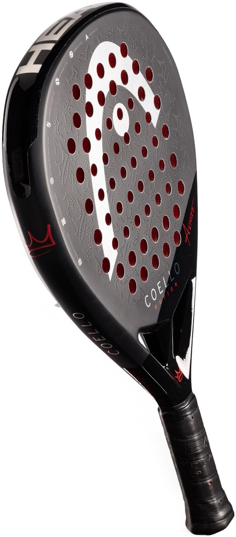 The HEAD Coello Motion 2025 Padel Racket - Black features red and white accents, circular holes, "Coello" on the side, Extreme Spin technology, "HEAD" branding, and a black grip for superior play.
