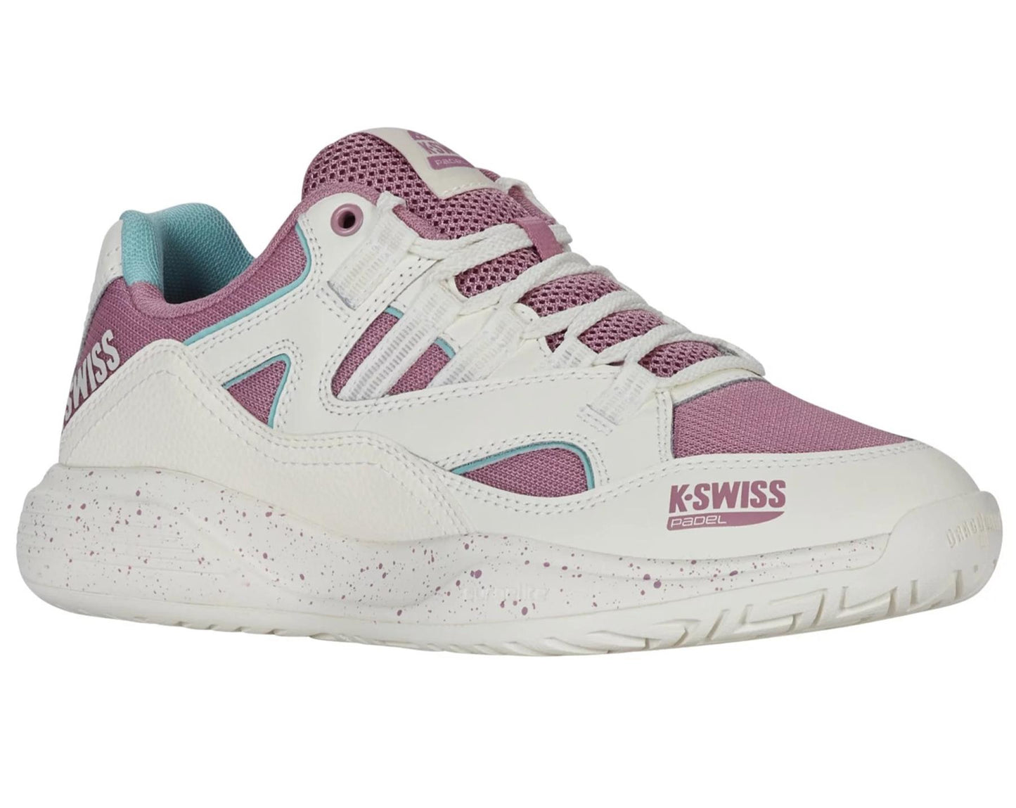 The K-Swiss Tura Team Women's Padel Shoes feature a white and pink design with purple mesh accents, turquoise lining, and pink speckled midsoles for enhanced cushioning. Branded "K-Swiss" with "Paddle," they offer excellent court grip for sports or casual wear.