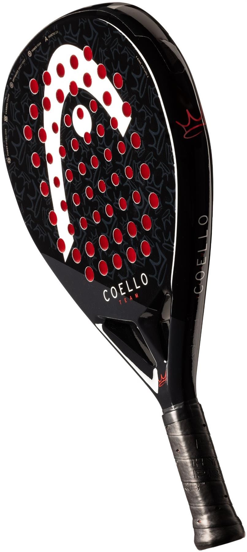 The HEAD Coello Team 2025 Padel Racket - Black by HEAD, with red dots, a white logo, "Coello" on the side, and Power Foam technology, is shown angled on a white background.