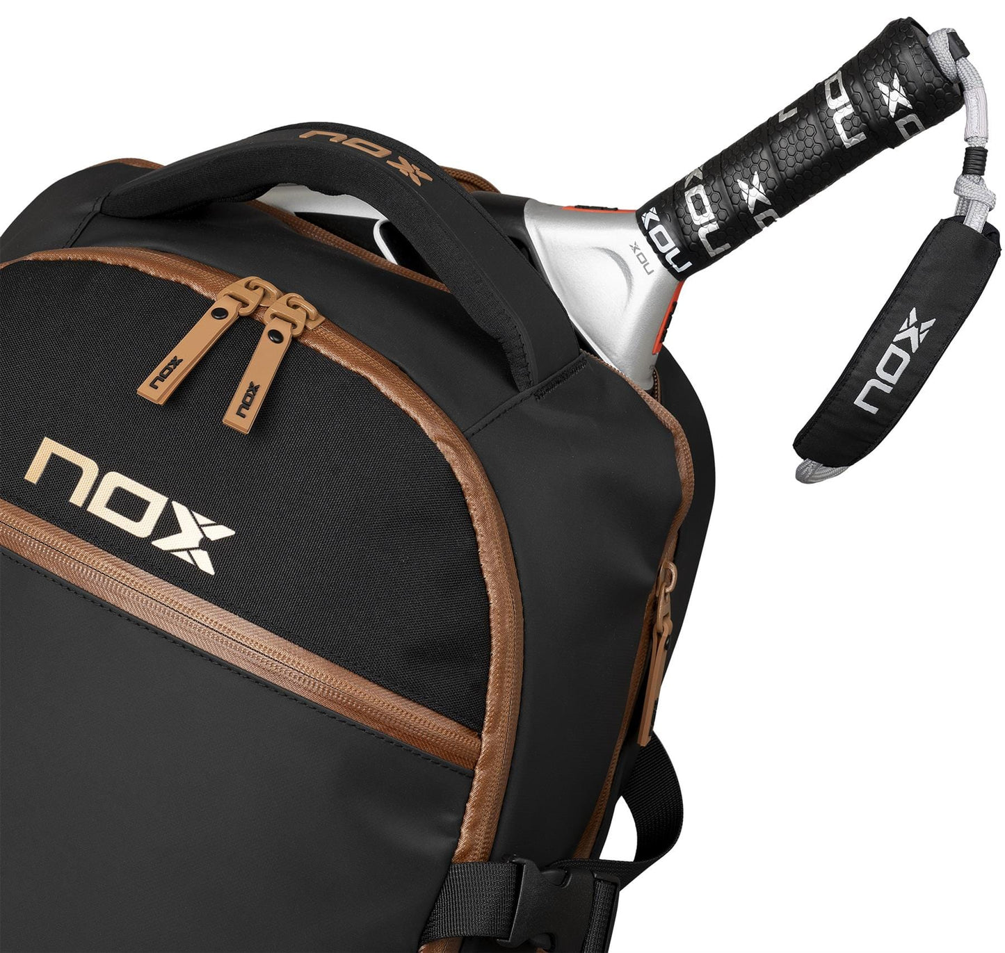 The NOX Luxury Open Series Padel Backpack in black and brown features an air ventilation system and a zippered pocket that holds a padel racket with the grip and branded cover visible.