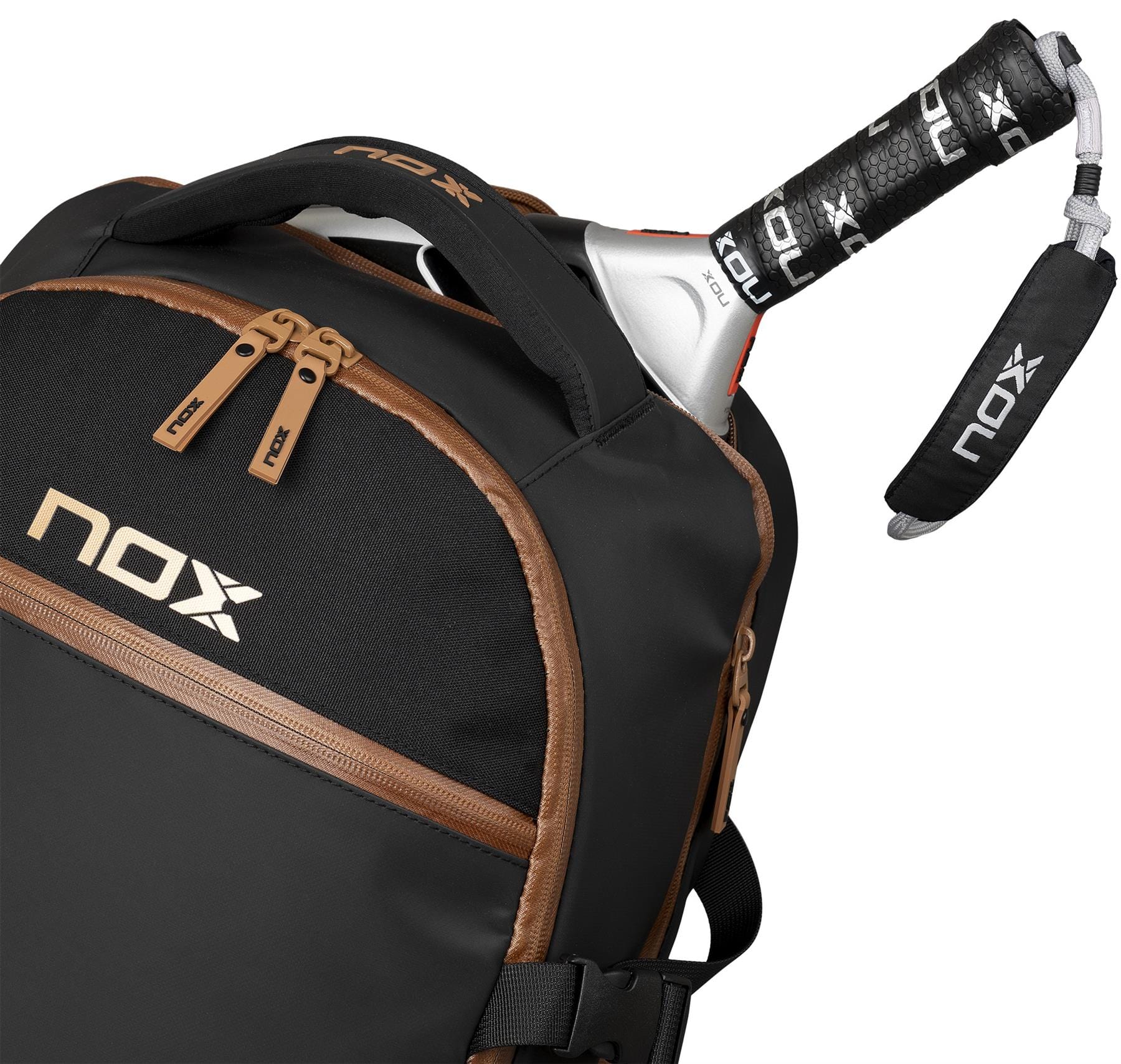 The NOX Luxury Open Series Padel Backpack in black and brown features an air ventilation system and a zippered pocket that holds a padel racket with the grip and branded cover visible.