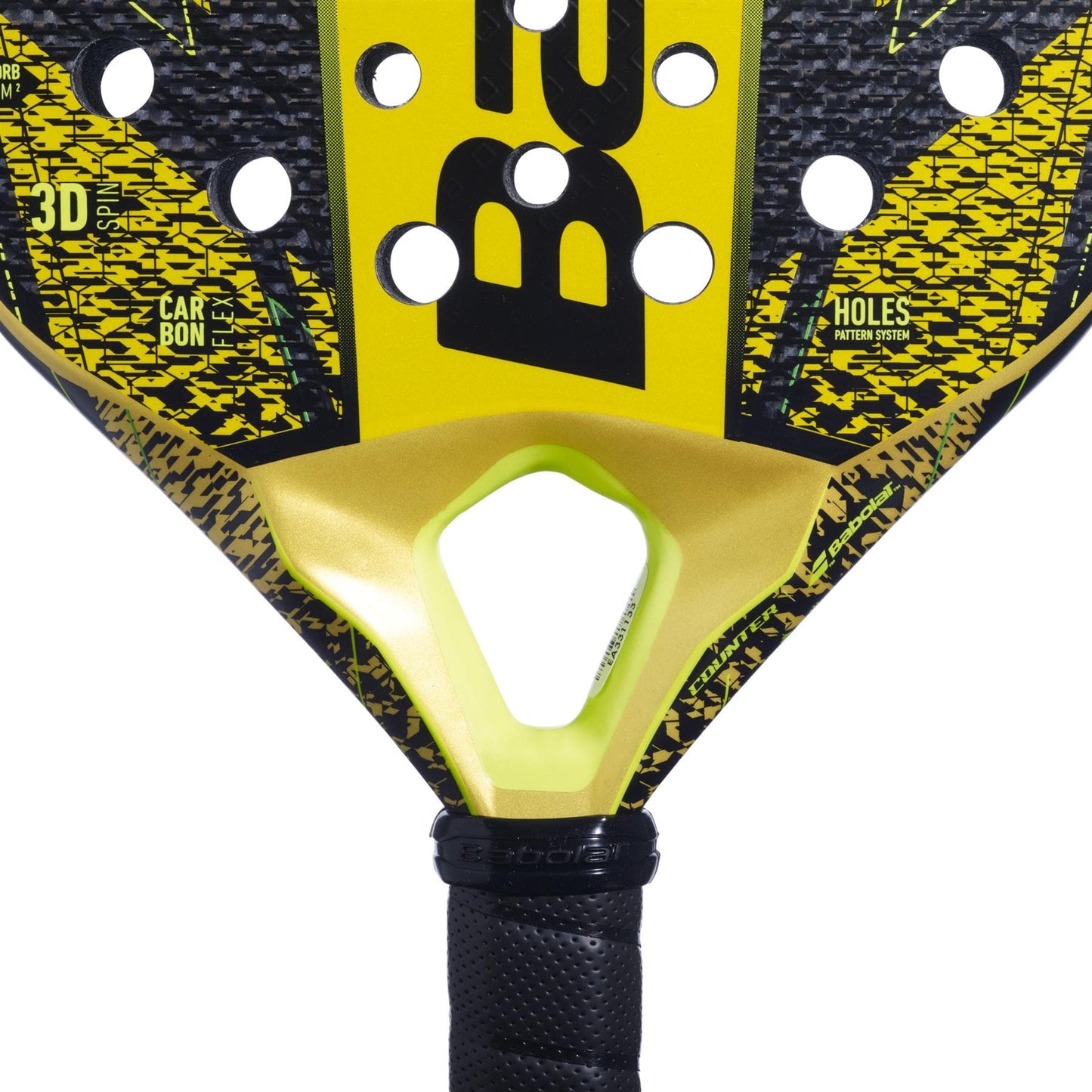 A close-up of the Babolat Counter Veron Padel Racket in yellow and black reveals a racket head with numerous round holes, adorned with the distinctive Babolat logo. The words "Carbon Flex technology" are visible, and its handle is wrapped in a textured black grip, featuring Babolat's advanced Vibrasorb system for enhanced playability.