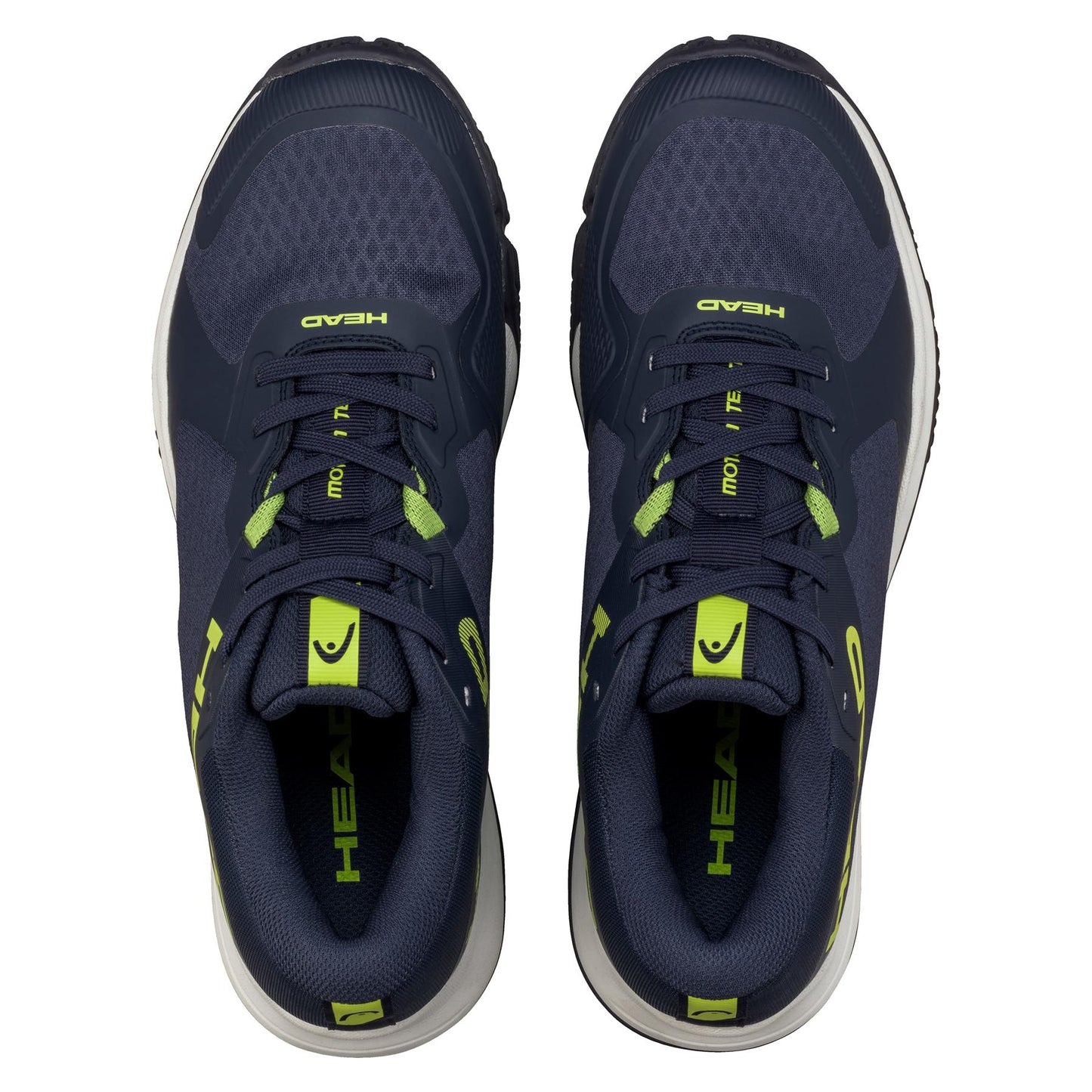 The HEAD Motion Team Men's Padel Shoes in navy and lime boast top views with green accents, featuring "HEAD" on the tongues and a small shield logo. Designed for 360-degree grip and lateral control, they include dark laces, soles, and cushioned inner lining for comfort.