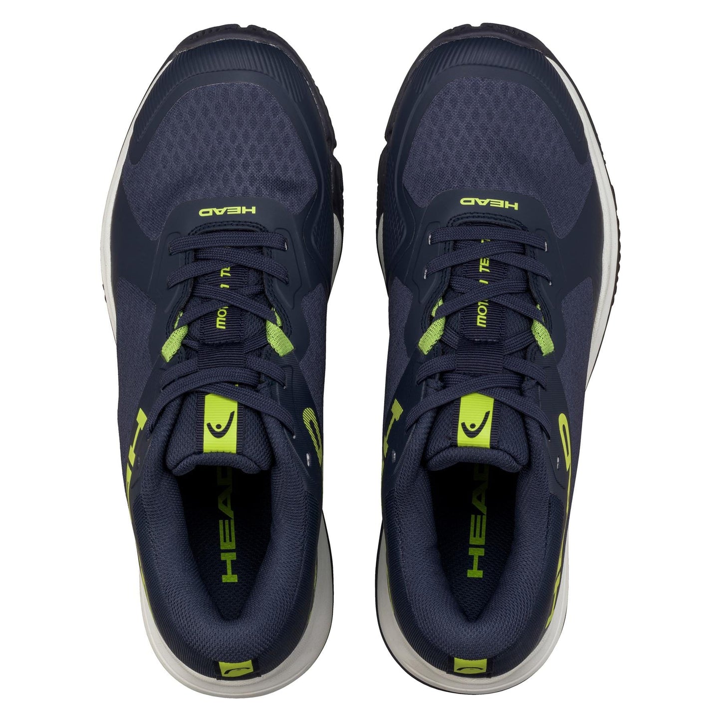 The HEAD Motion Team Men's Padel Shoes in navy and lime boast top views with green accents, featuring "HEAD" on the tongues and a small shield logo. Designed for 360-degree grip and lateral control, they include dark laces, soles, and cushioned inner lining for comfort.