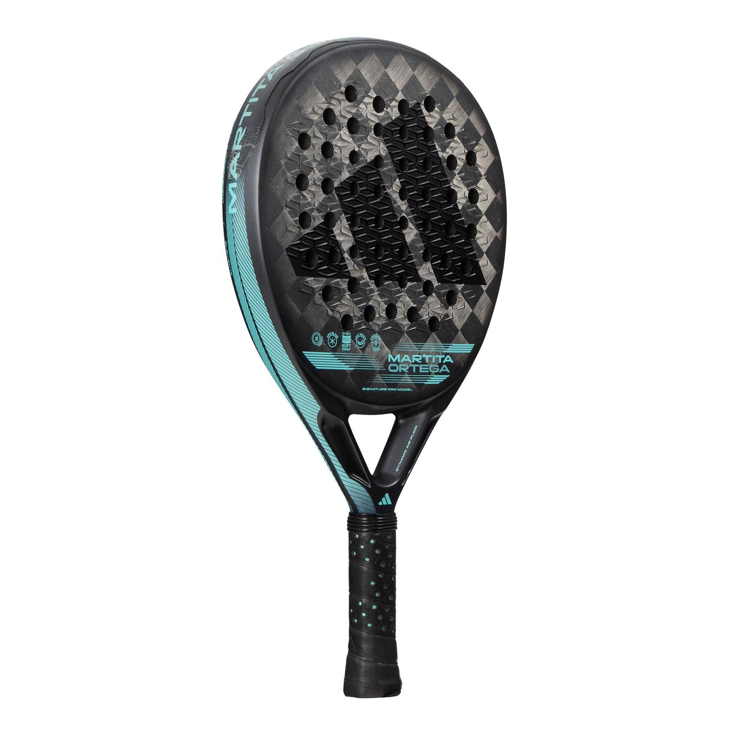 Introducing the ADIDAS Cross It Light Padel Racket - Black by adidas, designed with a textured surface and multiple circular holes to enhance spin. Lightweight control is achieved with a black grip featuring teal accents, while "Martita Ortega" is elegantly printed on the face. The Carbon Aluminized 24K construction ensures durability and precision.