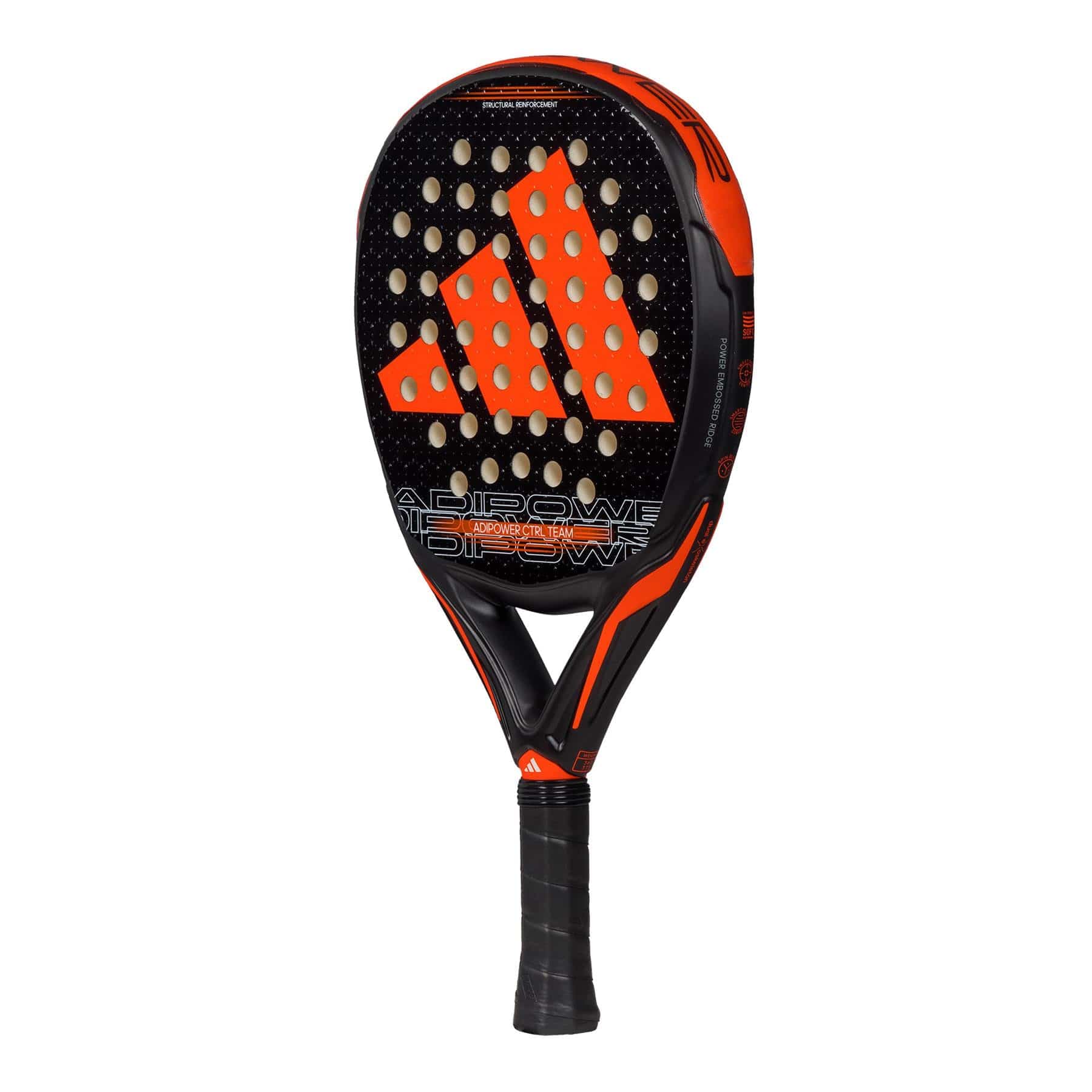 The ADIDAS Adipower CTRL Team 3.3 Padel Racket, ideal for intermediate players who prioritize control, showcases a bold black and orange color scheme with an eye-catching large logo and circular perforations. The black grip tape wraps around the handle, while the word "ADIPOWER" prominently features on its textured surface.