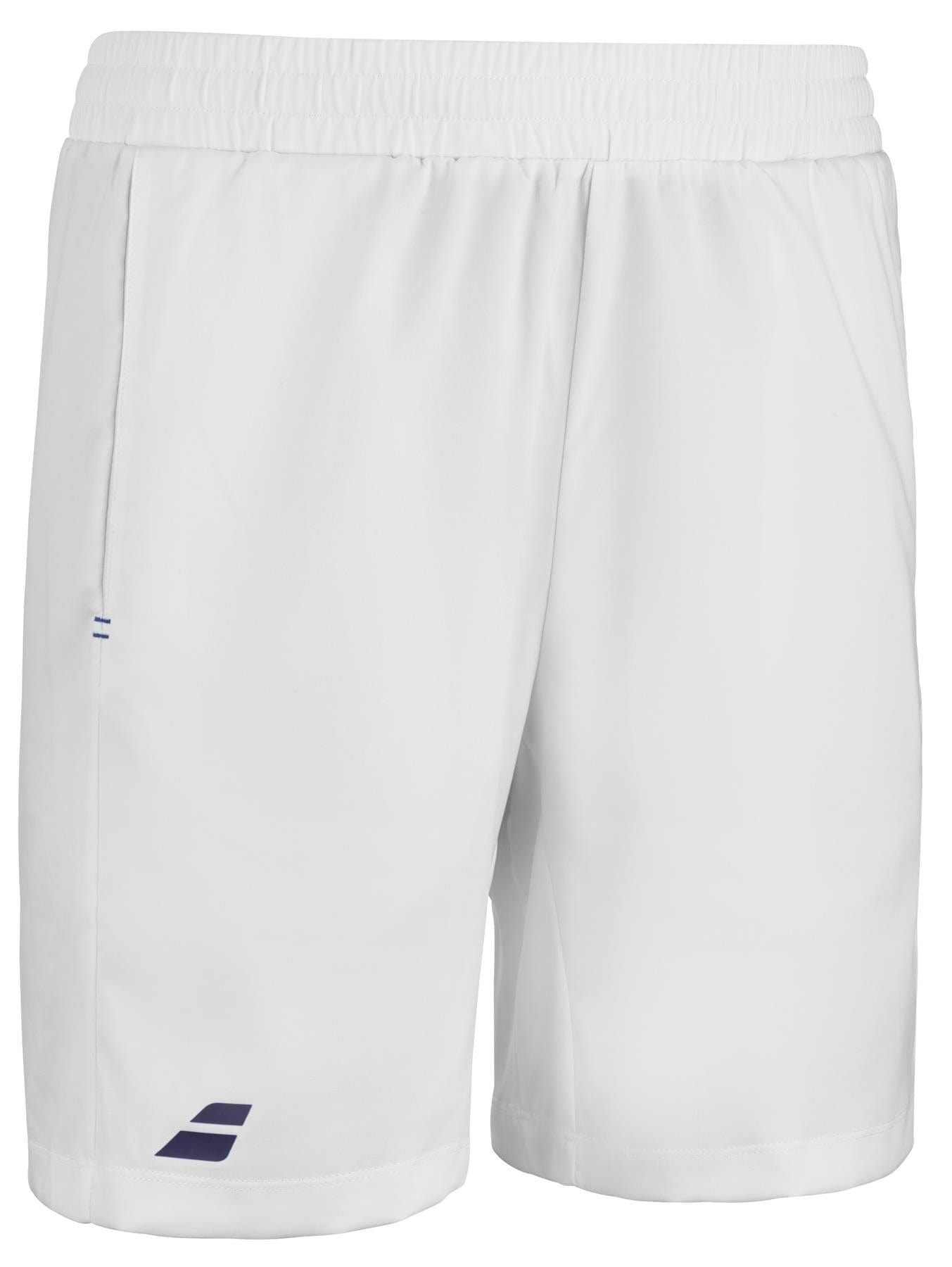 The Babolat Play Mens Padel Shorts in white, made from recycled polyester fabric, boast a 360 Motion design with an elastic waistband and a discreet dark logo on the lower left leg.